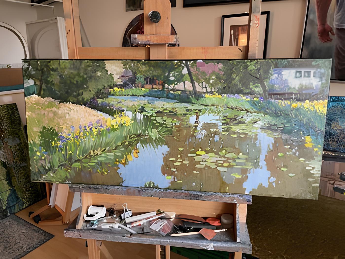En tant qu'artiste, j'ai imprégné cette toile de l'essence sereine de la nature, en capturant les délicats jeux de lumière sur les nénuphars et les iris. Mes coups de pinceau évoquent le calme d'une journée au bord de l'étang, un hommage