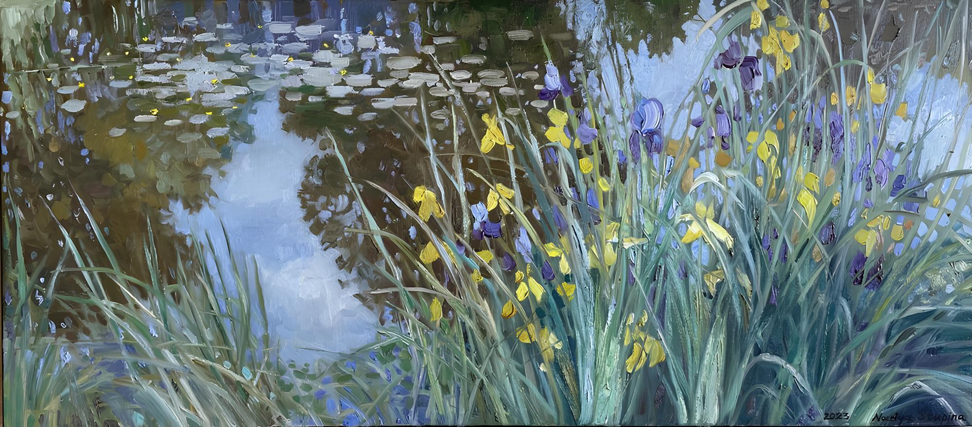 Nadezda Stupina Landscape Painting - A pond with water lilies and irises 4