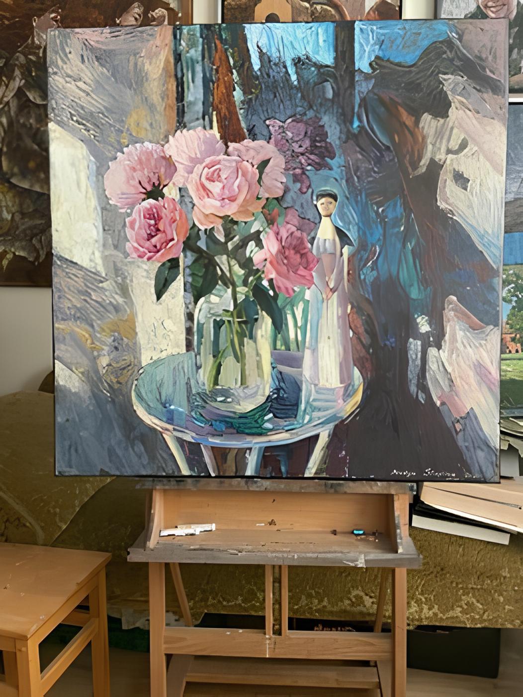 In this painting, I've poured my soul into capturing the delicate interplay between natural beauty and spiritual grace. The lush peonies, with their robust petals, exude a sense of life's vibrant essence, while the celestial figure, standing quietly