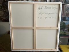 Quadratisches großes Ölgemälde „Engel und Pfingstrosen“ . Impressionistisch  Stillleben