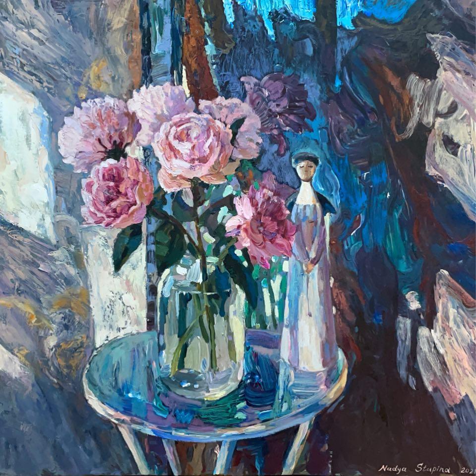 Nadezda Stupina Still-Life Painting - "Angel and peonies" Square large oil painting . Impressionistic  still life