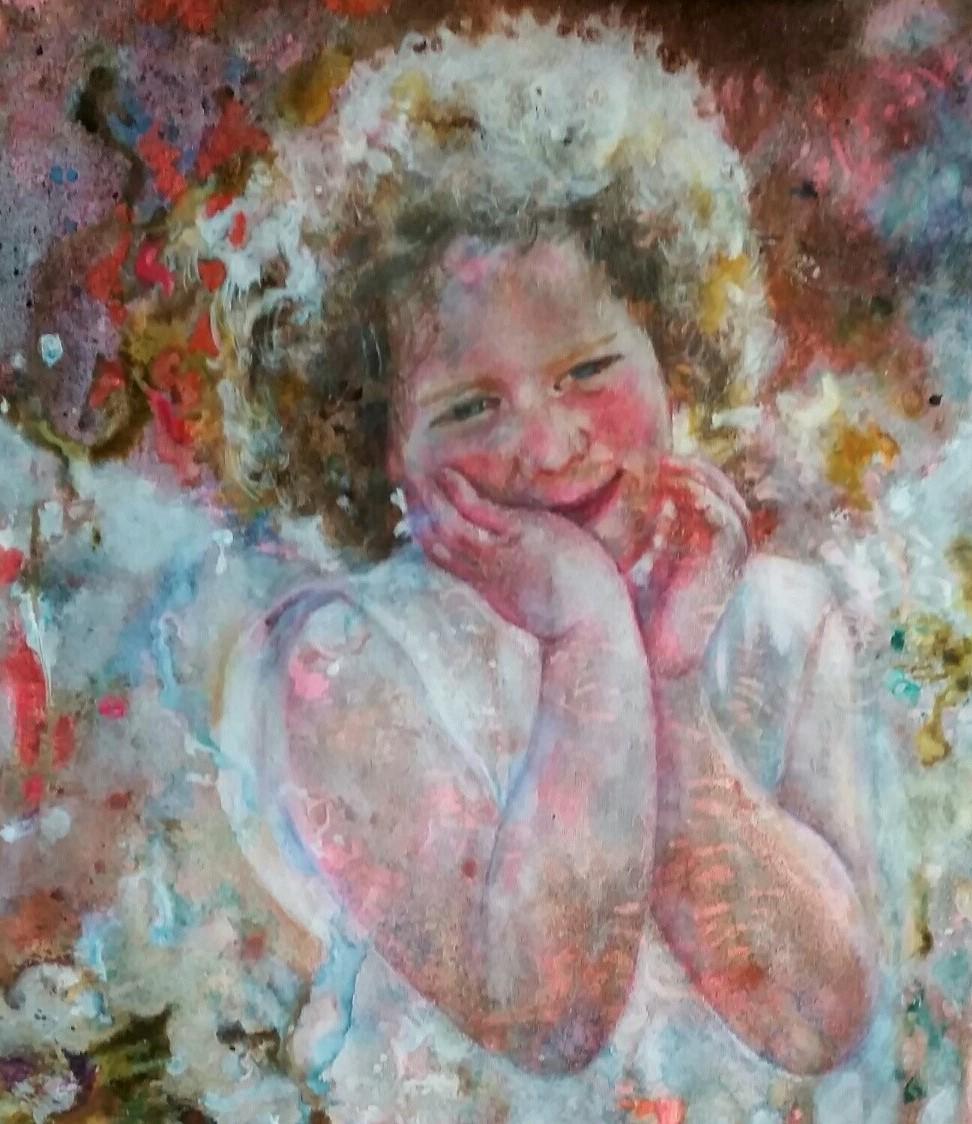 Vertikaler „Angel Freia“  Acrylgemälde auf Papier. Bildlich. – Painting von Nadezda Stupina
