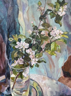 Branch Apple . Quadro floreale originale. Impasto , verticale , incorniciato.