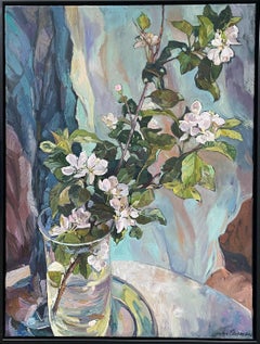 Rama Apple . Pintura floral original. Impasto , vertical , enmarcado.