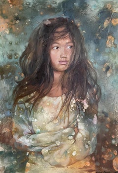 "Fille asiatique" Original contemporain  portrait . Vertical . Huile sur panneau dur