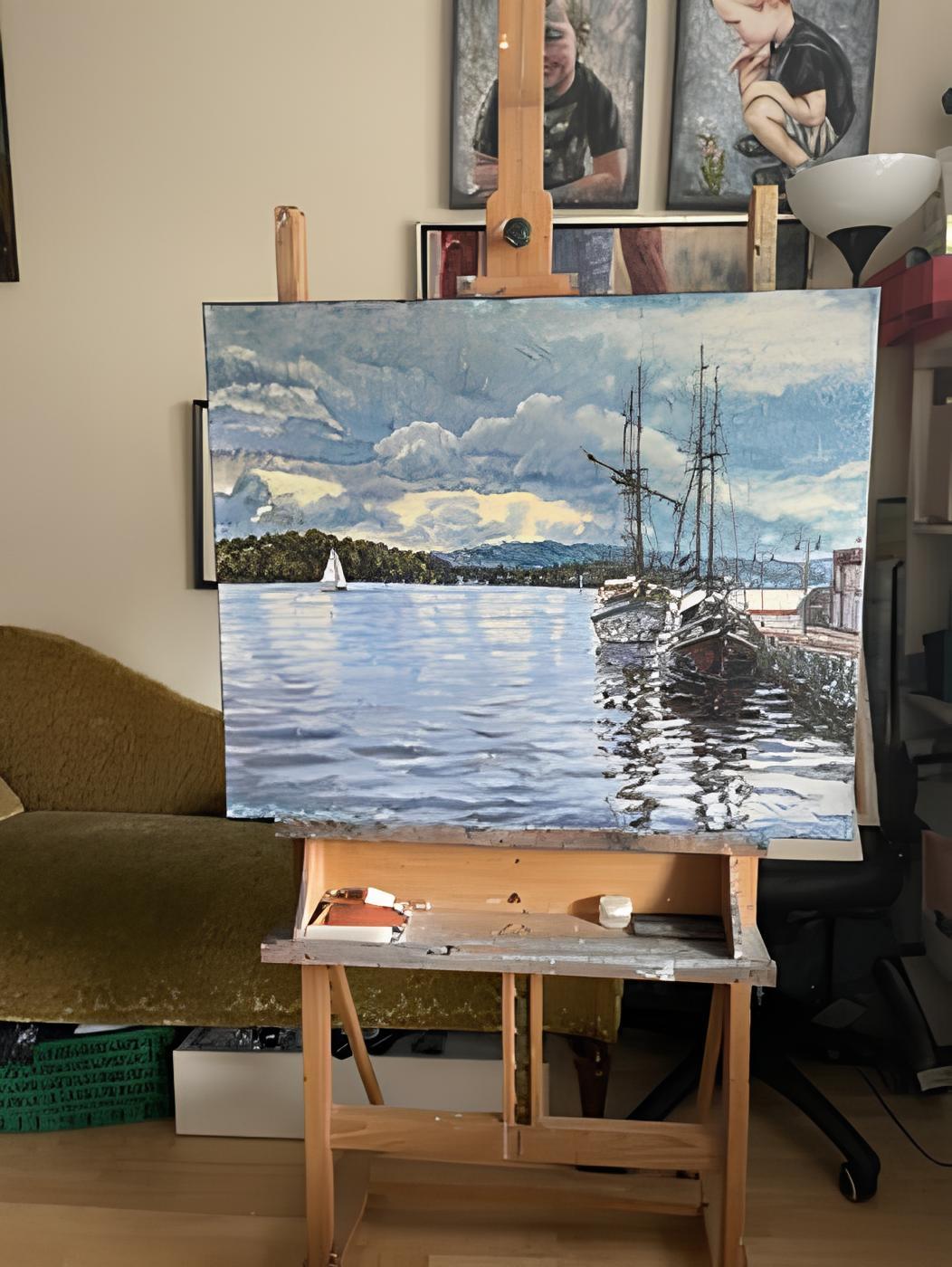 „Herbstwolken über Aker brygge“ Original beeindruckende Landschaft  in Öl. – Painting von Nadezda Stupina