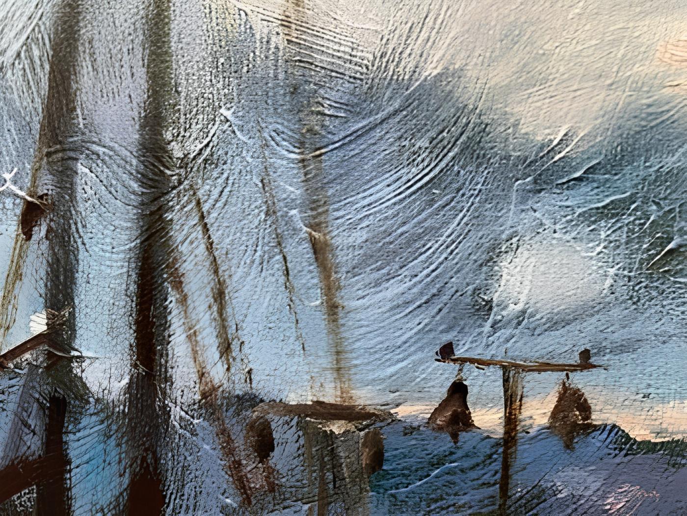In diesem Kunstwerk habe ich die flüchtige Schönheit eines leuchtenden Himmels genutzt, der eine idyllische Hafenszene überzieht. Die Textur der Ölfarbe fängt die dynamischen Wolken und das glitzernde Wasser ein und fängt einen Moment des erhabenen