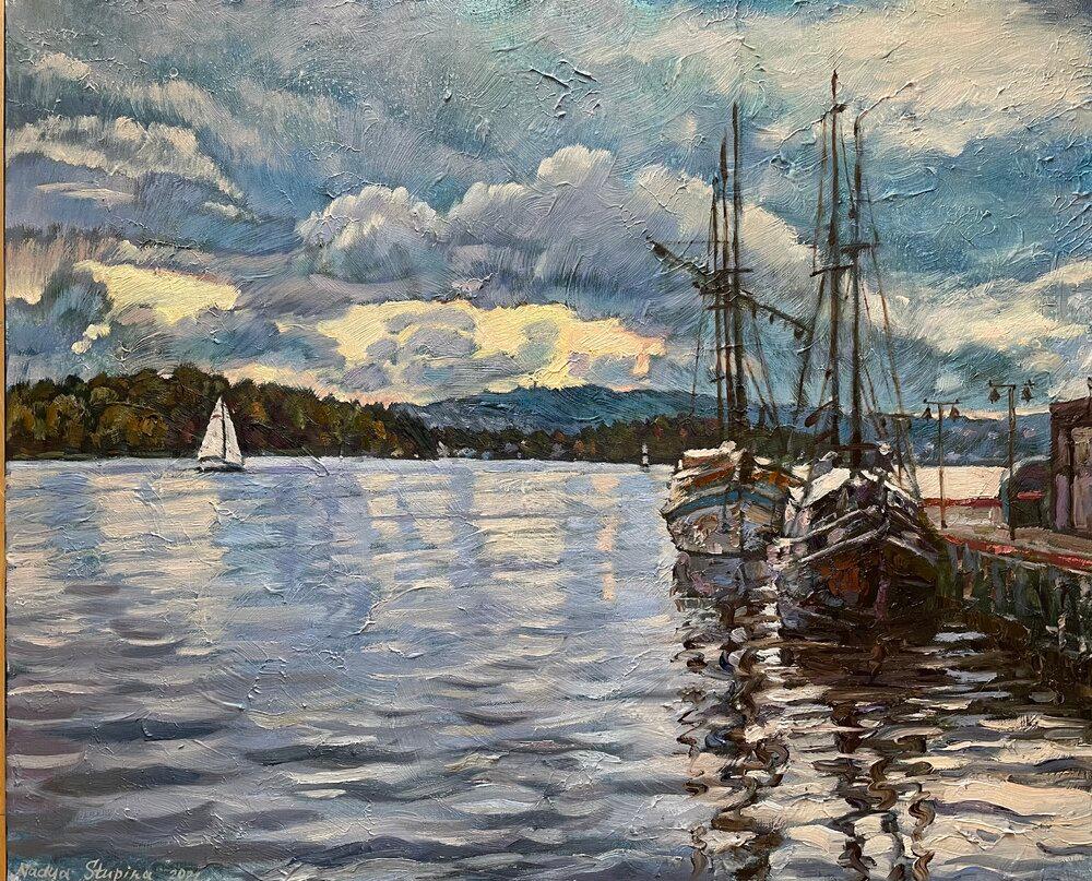 „Herbstwolken über Aker brygge“ Original beeindruckende Landschaft  in Öl.