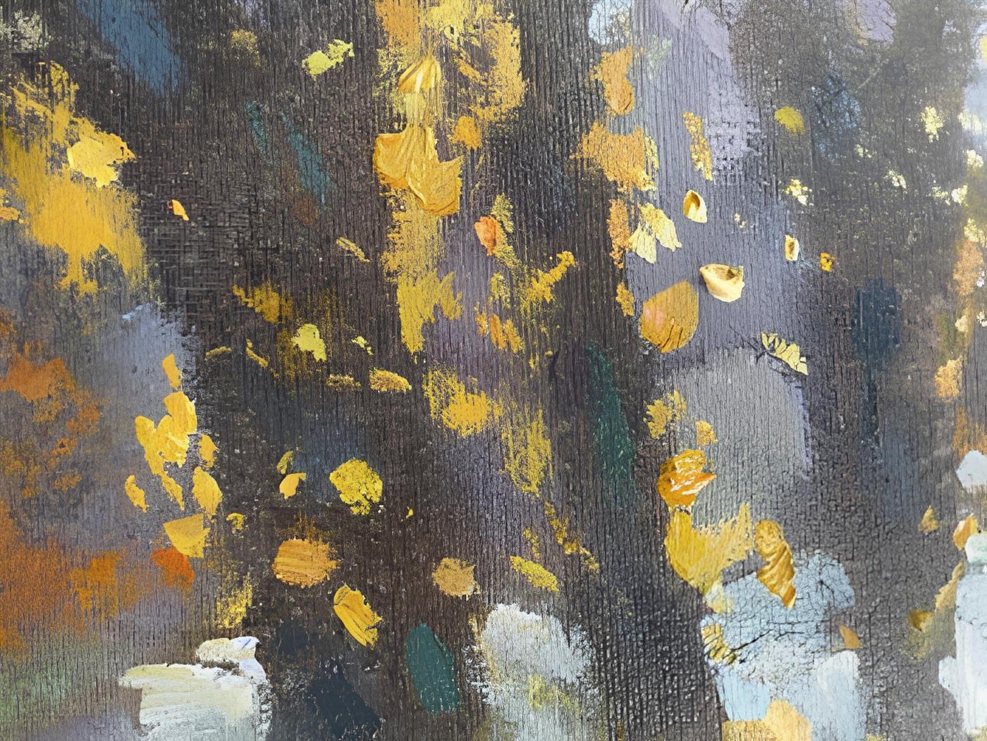 Autumn light - Gray Landscape Painting by Nadezda Stupina