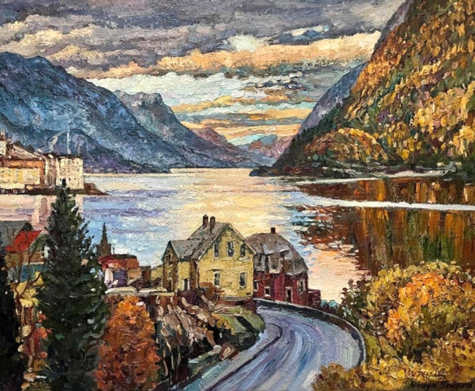 Landscape Painting de Nadezda Stupina - "Otoño Odda" Original paisaje impresionista noruego . Gran óleo