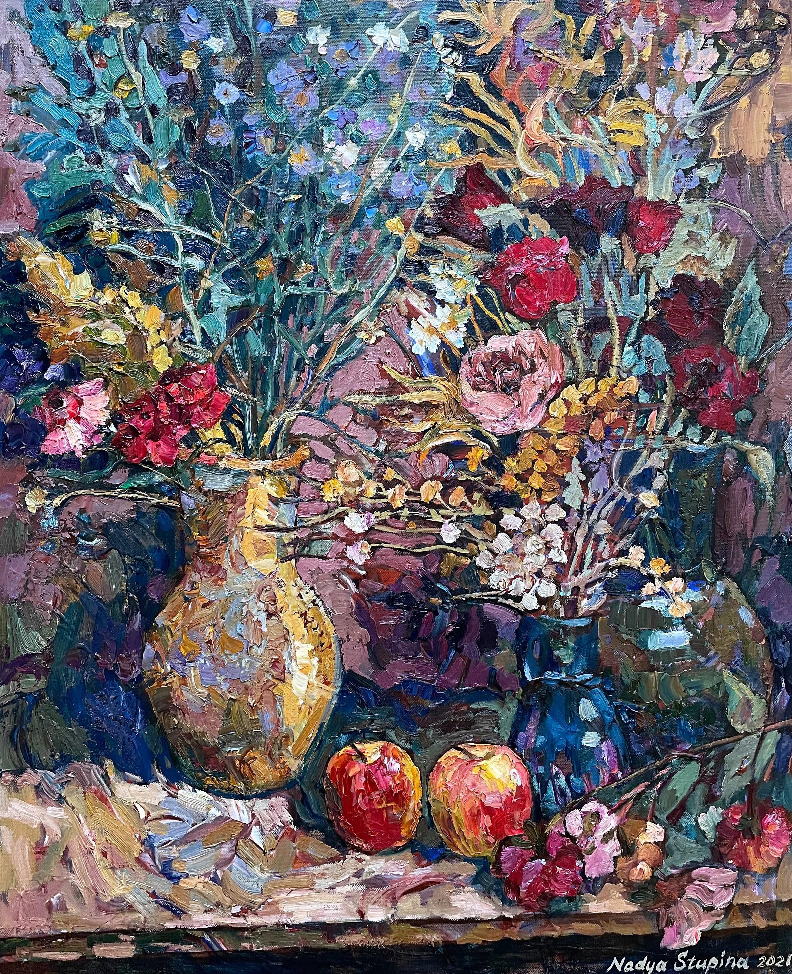 "Autumn still life" Original vertical oil painting Impressionistic style Impasto