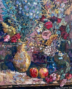 "Autumn still life" Original vertical oil painting Impressionistic style Impasto