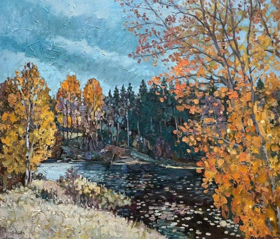 "Autumn twilight in Tocksfors" Original impressionistic landscape. Oil painting