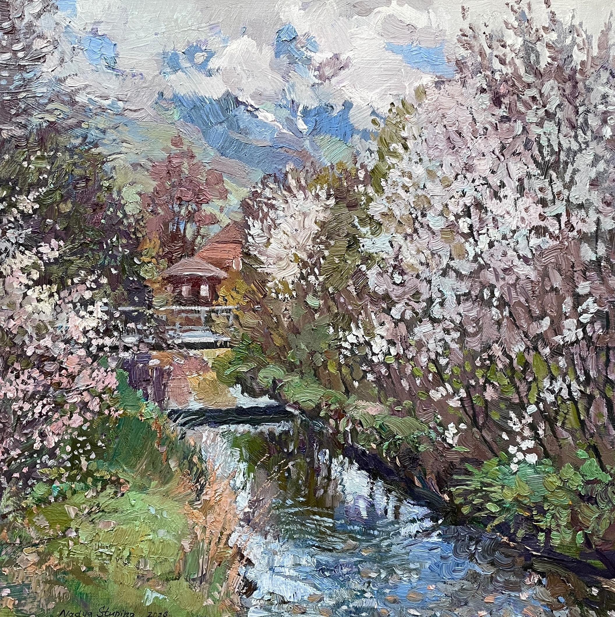 Blooming in the Alpine valley . Original impressionistic landscape. Square .