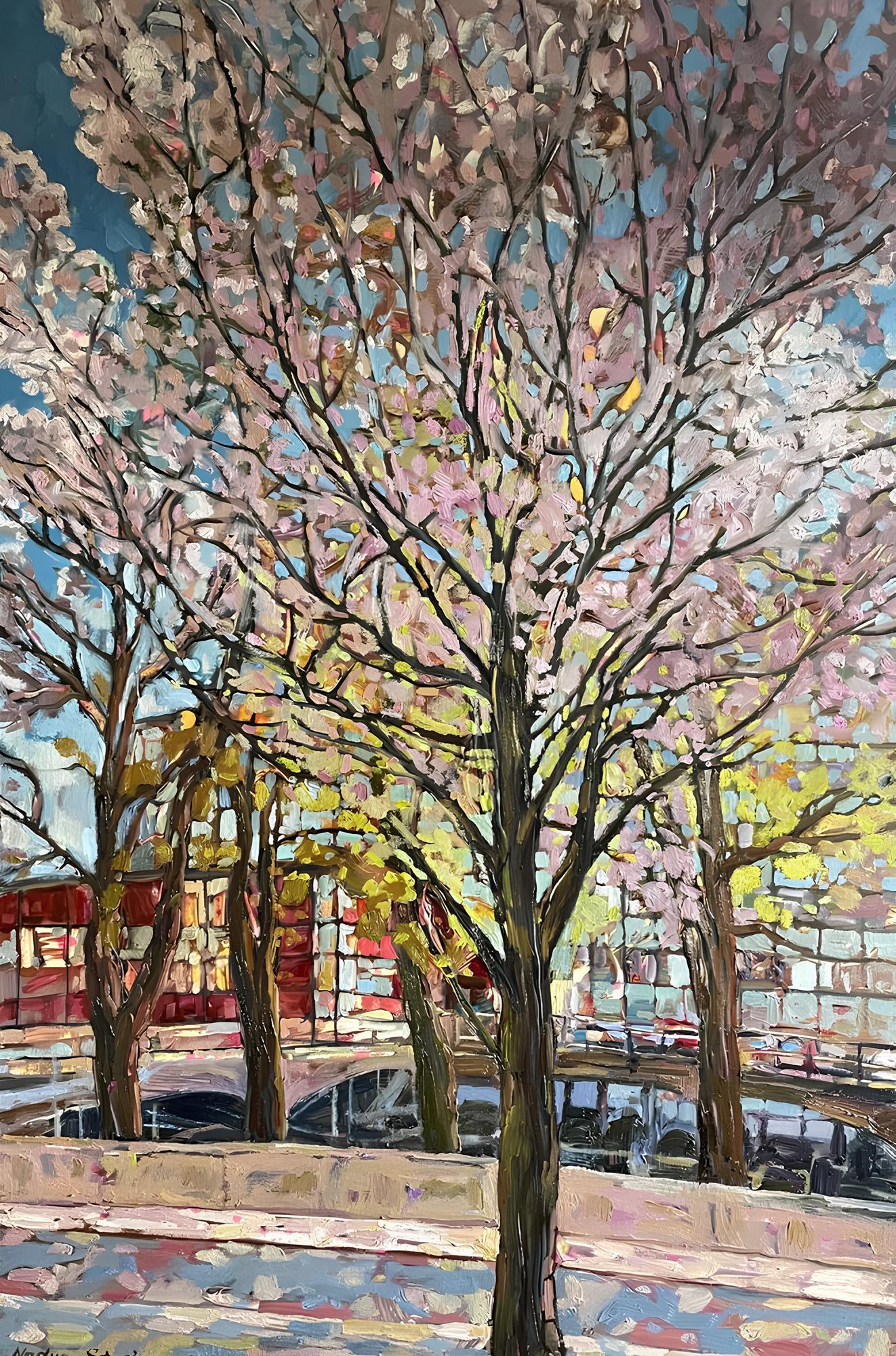 Nadezda Stupina Landscape Painting - "Blooming on Eiriks gate" Vertical imprssionistic painting . Lanscape