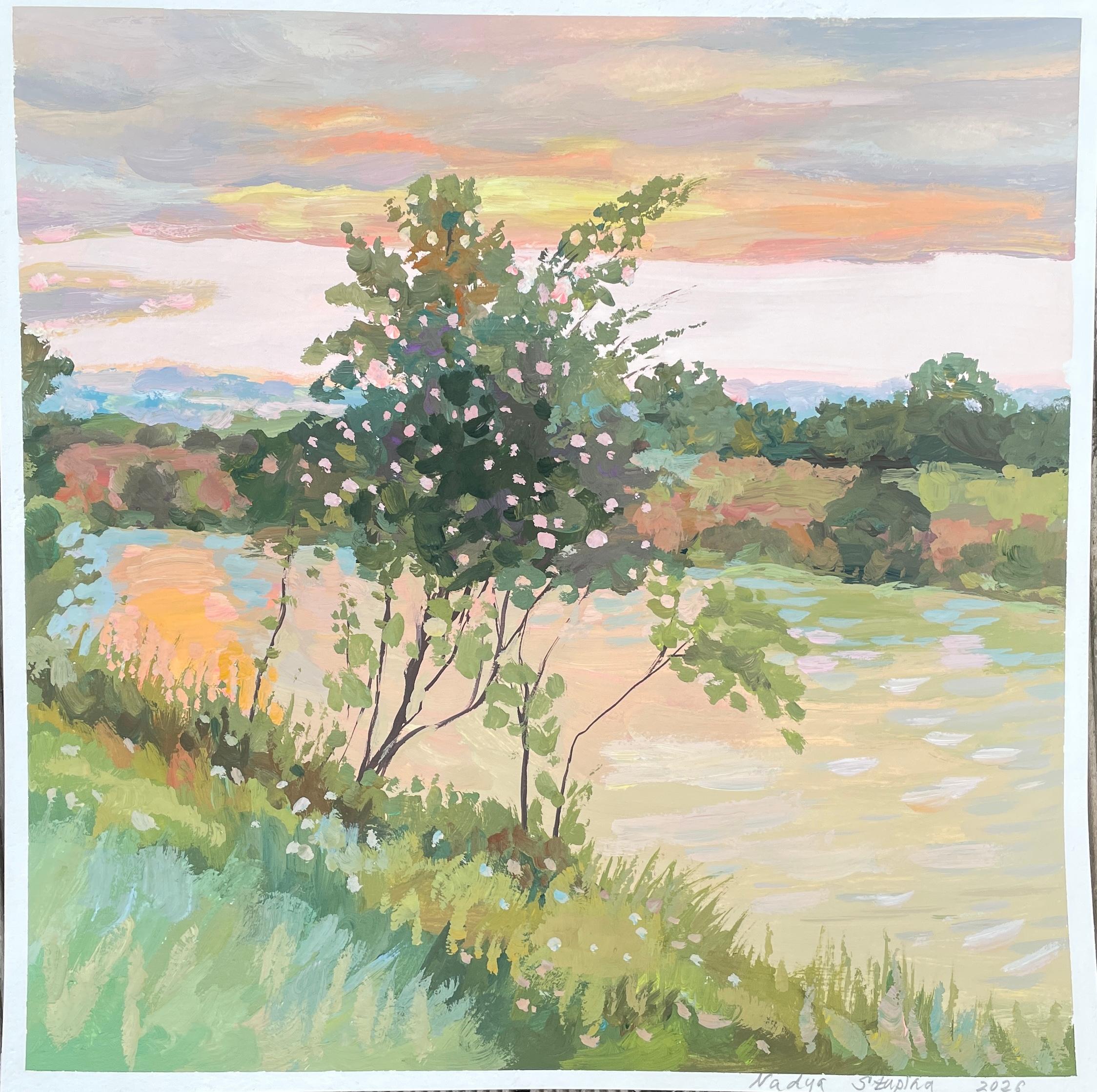 Blooming tree along the channel du Midi . Original landscape painting.Square