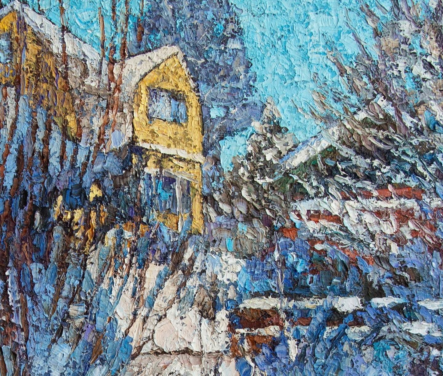 In questo olio su tela ho immortalato un tranquillo villaggio ricoperto di neve che si crogiola nel blu sereno del tocco invernale. I tratti strutturati e lo stile impressionistico evocano l'aria frizzante e l'atmosfera tranquilla, offrendo uno