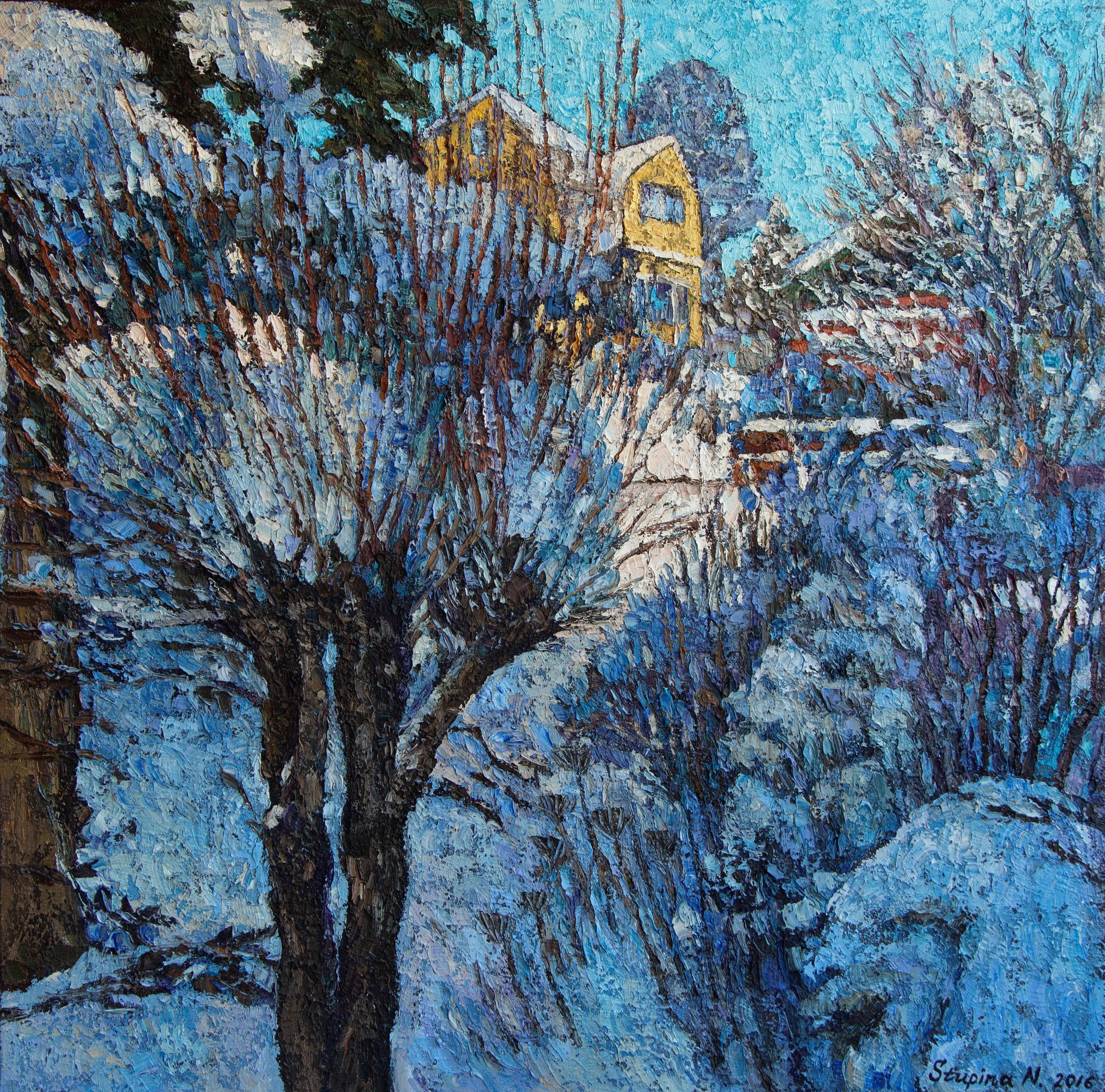 "Blue snow" Original large square landscape. Impasto oil painting
