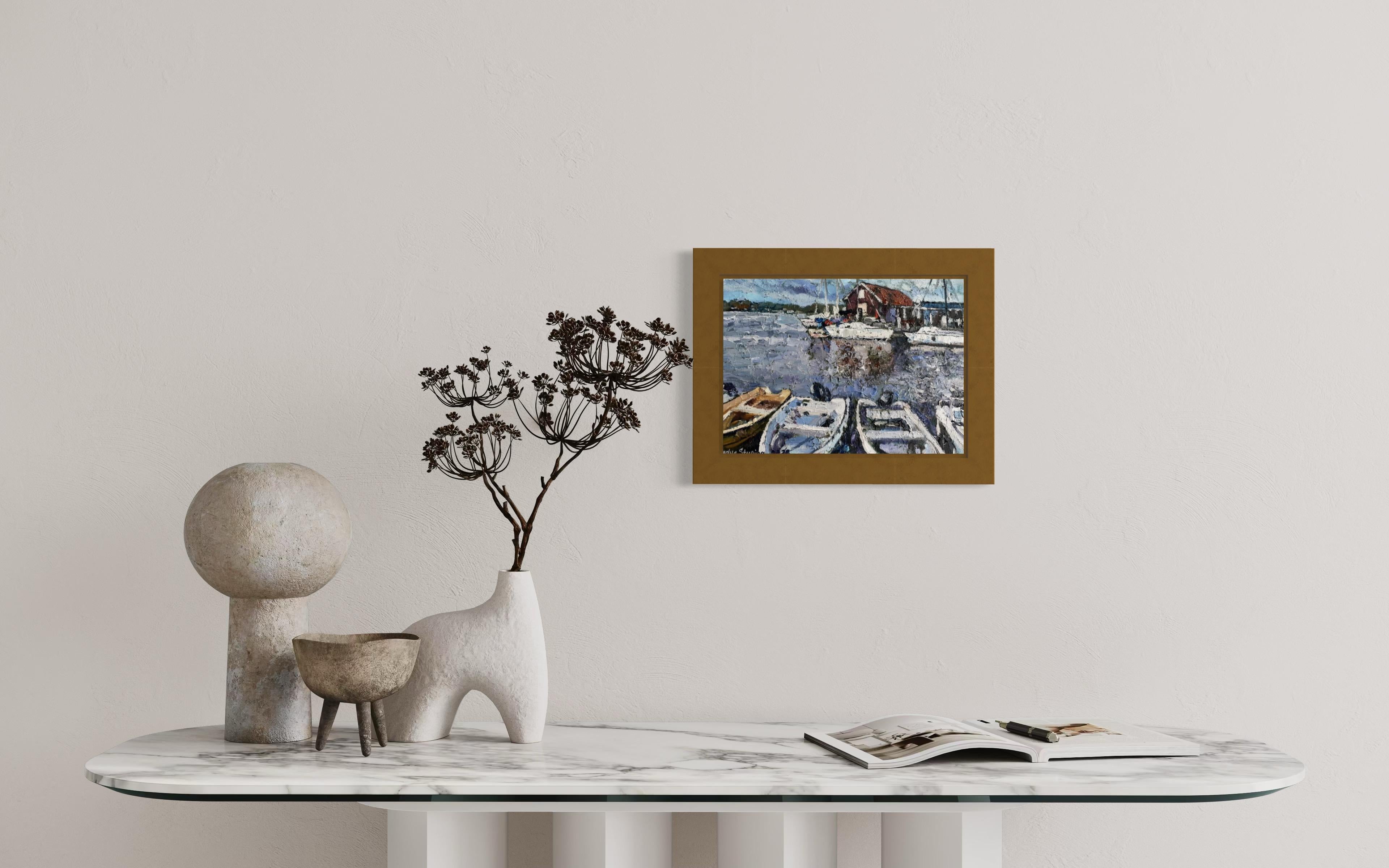 „Boat Station“ Iriginalistische impressionistische Landschaft. Impasto Ölgemälde im Angebot 6