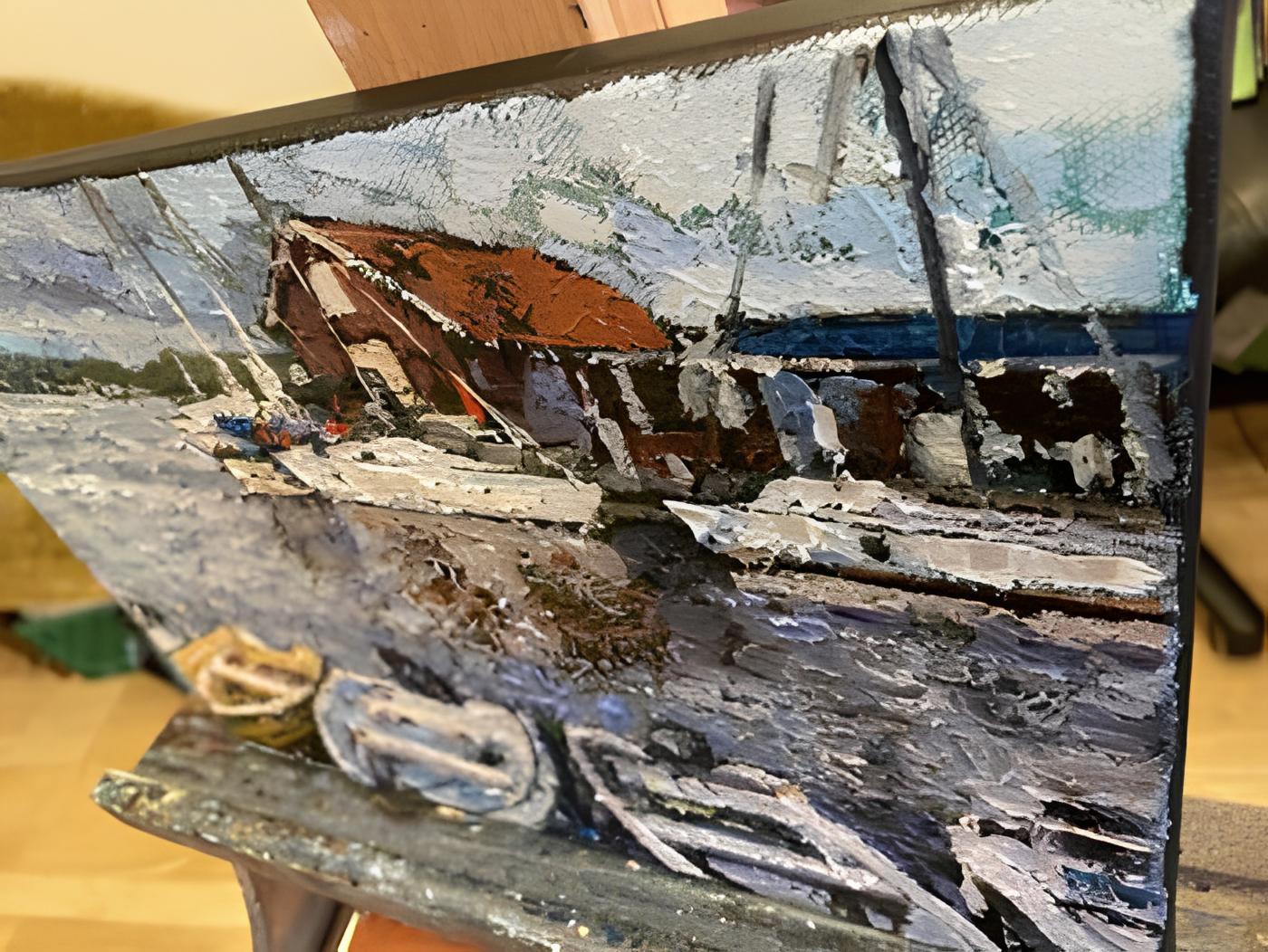 „Boat Station“ Iriginalistische impressionistische Landschaft. Impasto Ölgemälde – Painting von Nadezda Stupina