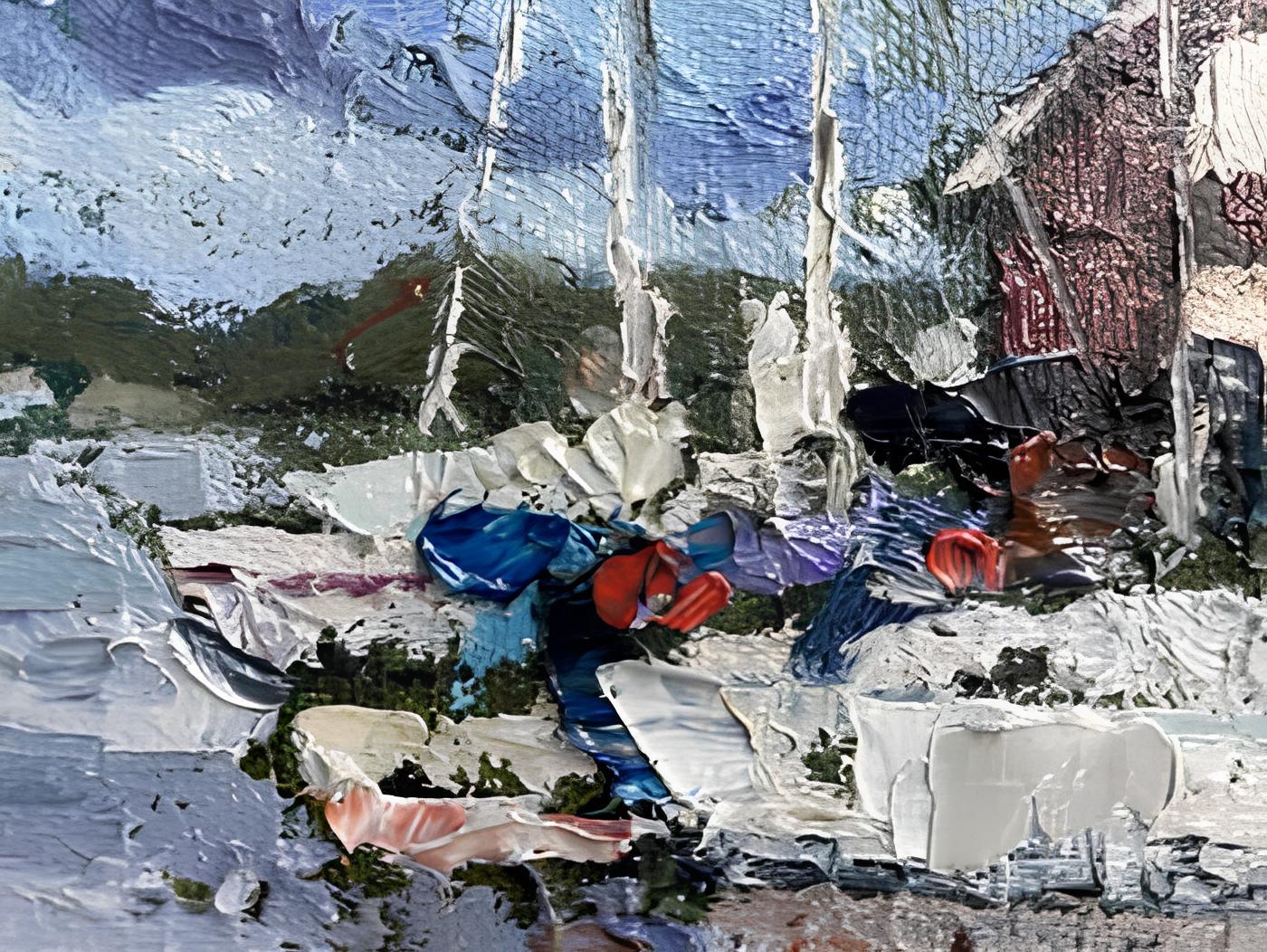 „Boat Station“ Iriginalistische impressionistische Landschaft. Impasto Ölgemälde (Grau), Landscape Painting, von Nadezda Stupina