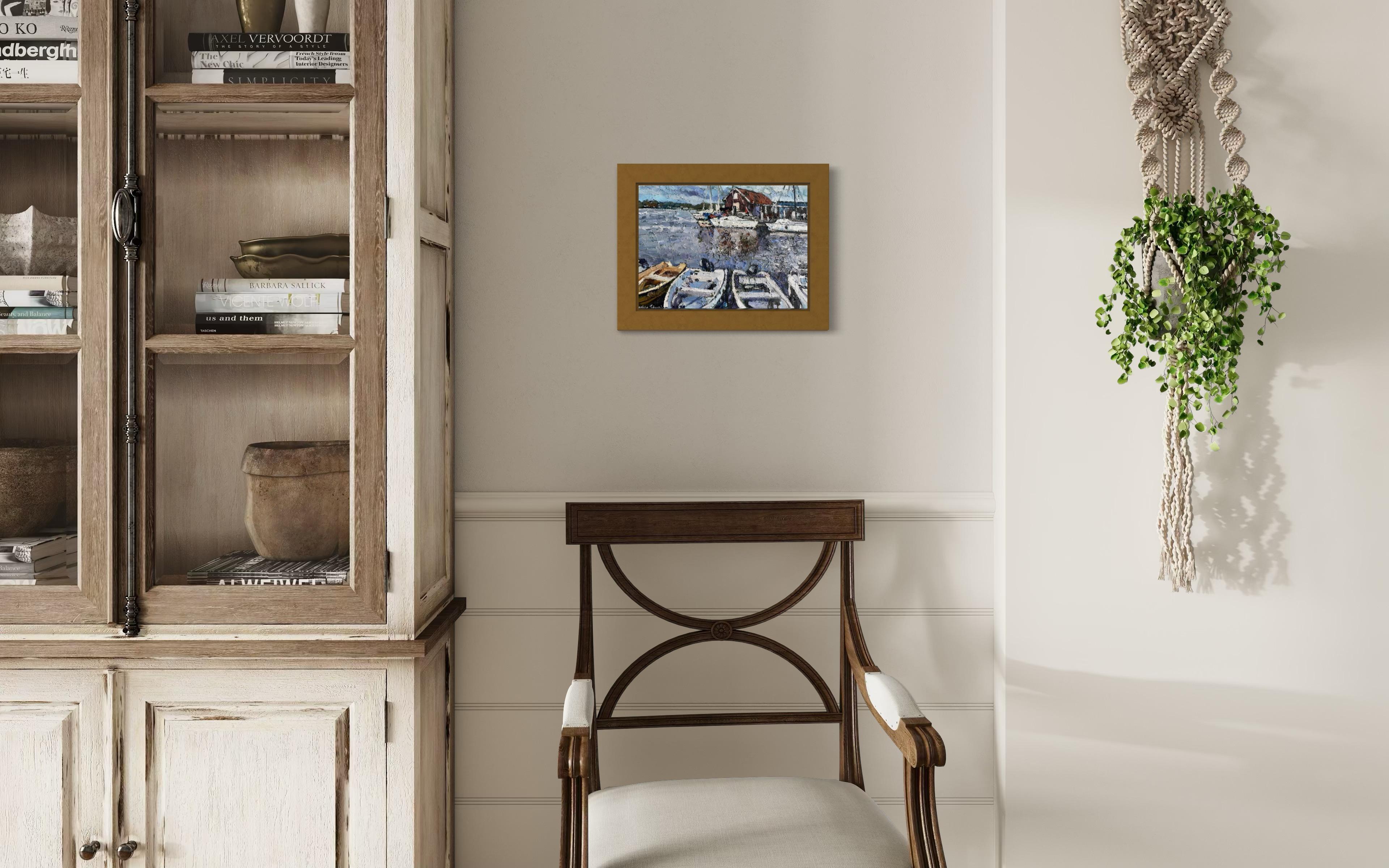 „Boat Station“ Iriginalistische impressionistische Landschaft. Impasto Ölgemälde im Angebot 2