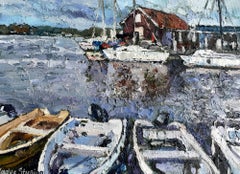 "Boat station" Iriginal impressionistic landscape. Impasto oil painting