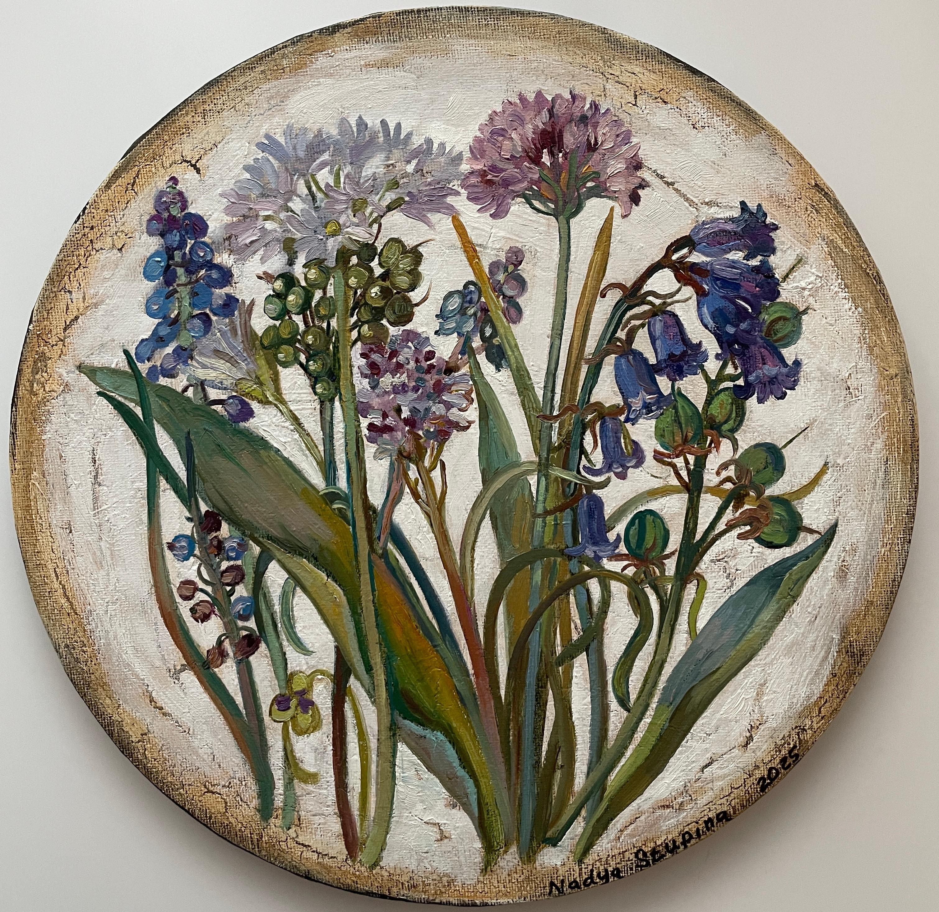 «Botany 4» Original floral painting. Circular small canvas . Gift . Home decor