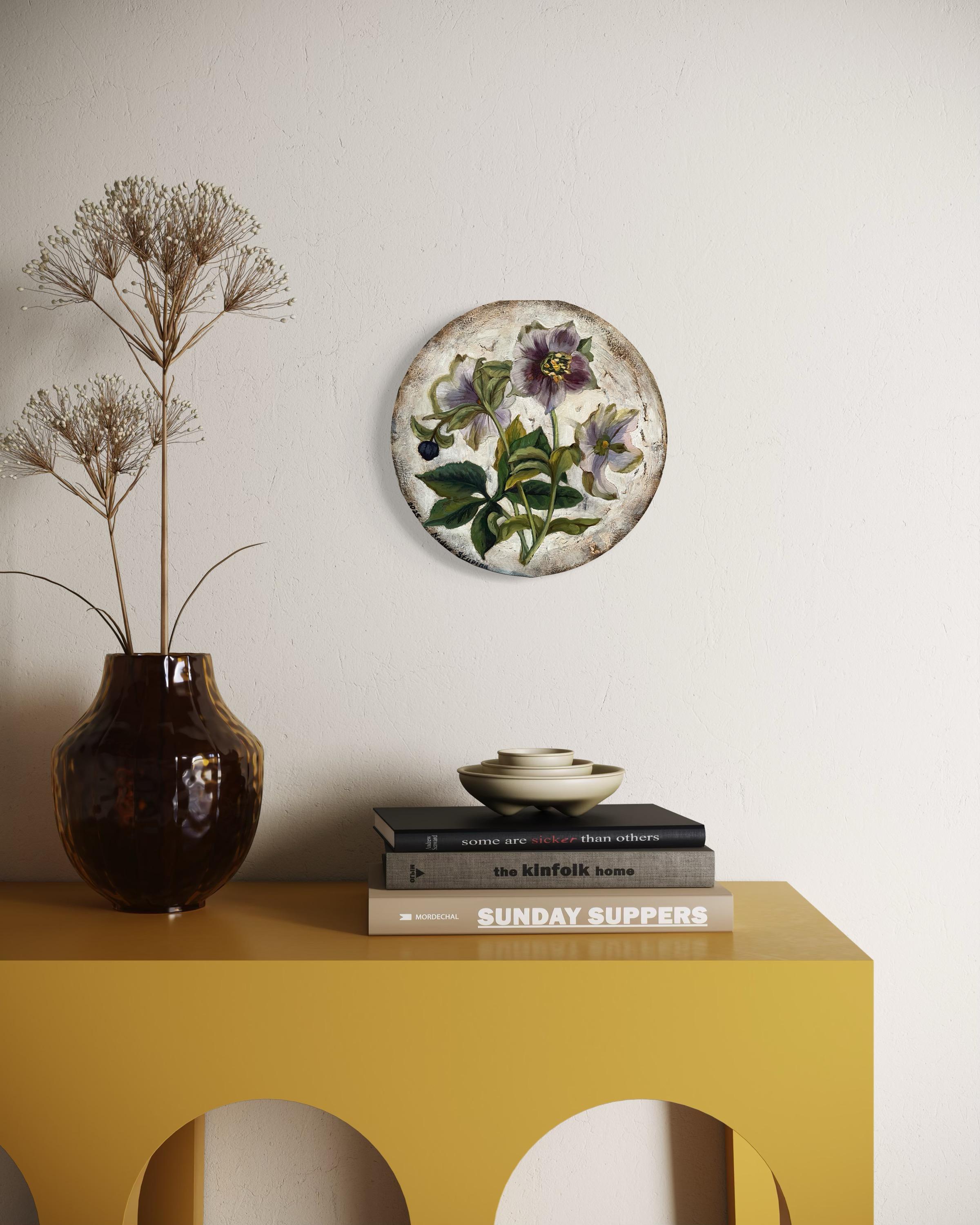 “Botany” Original botanical painting. Small size. Circular canvas. Gift. For Sale 5