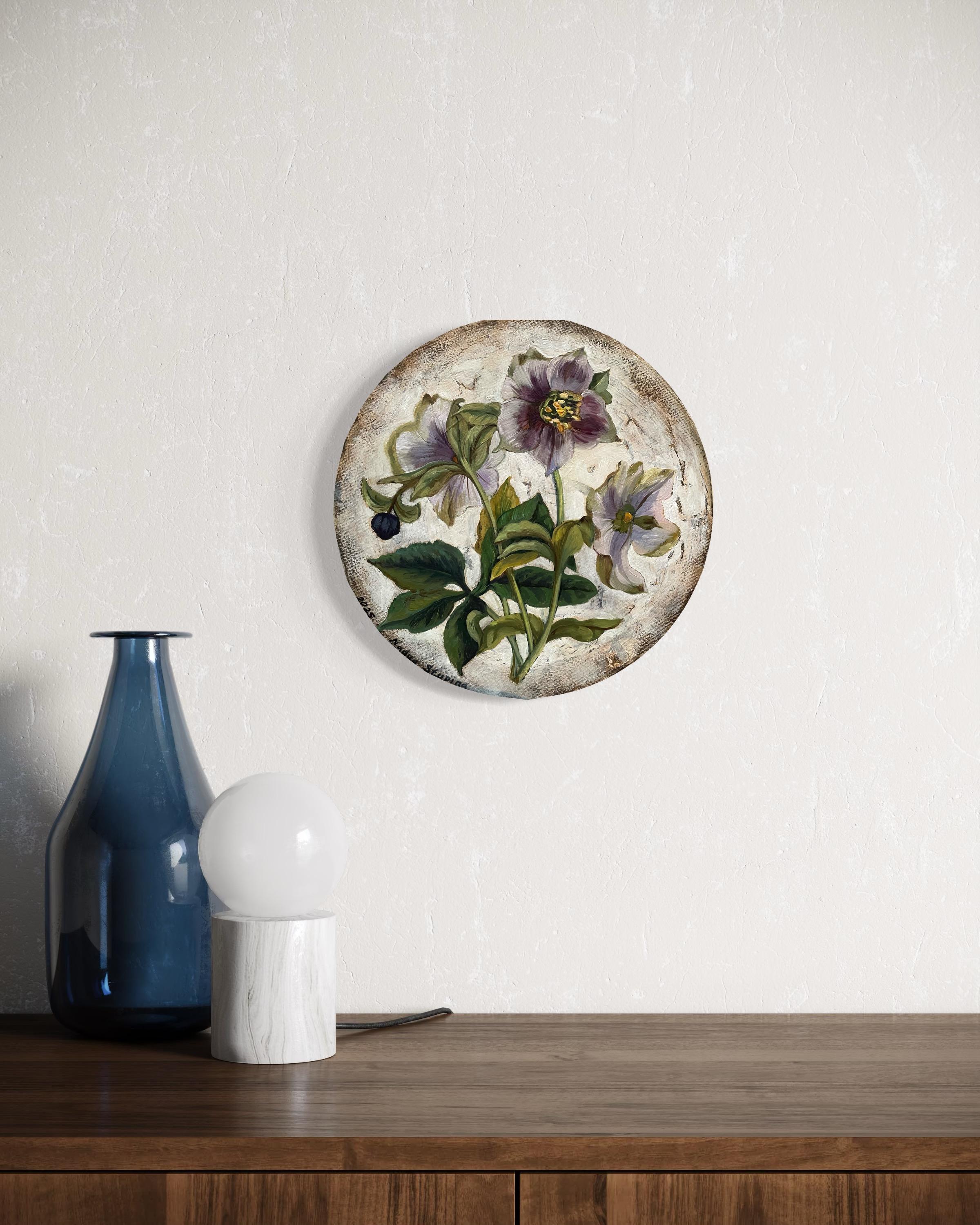 “Botany” Original botanical painting. Small size. Circular canvas. Gift. For Sale 6