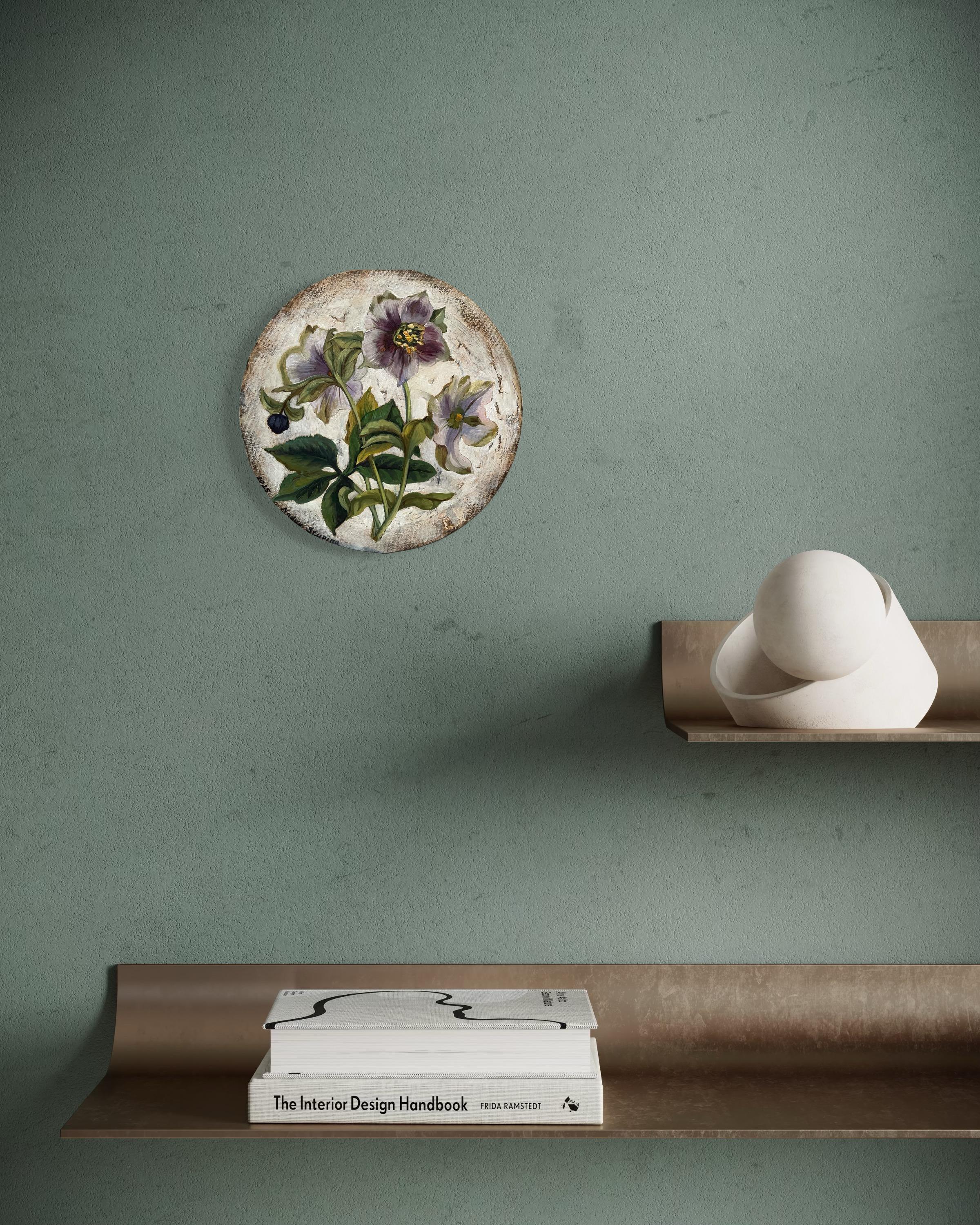 “Botany” Original botanical painting. Small size. Circular canvas. Gift. For Sale 7