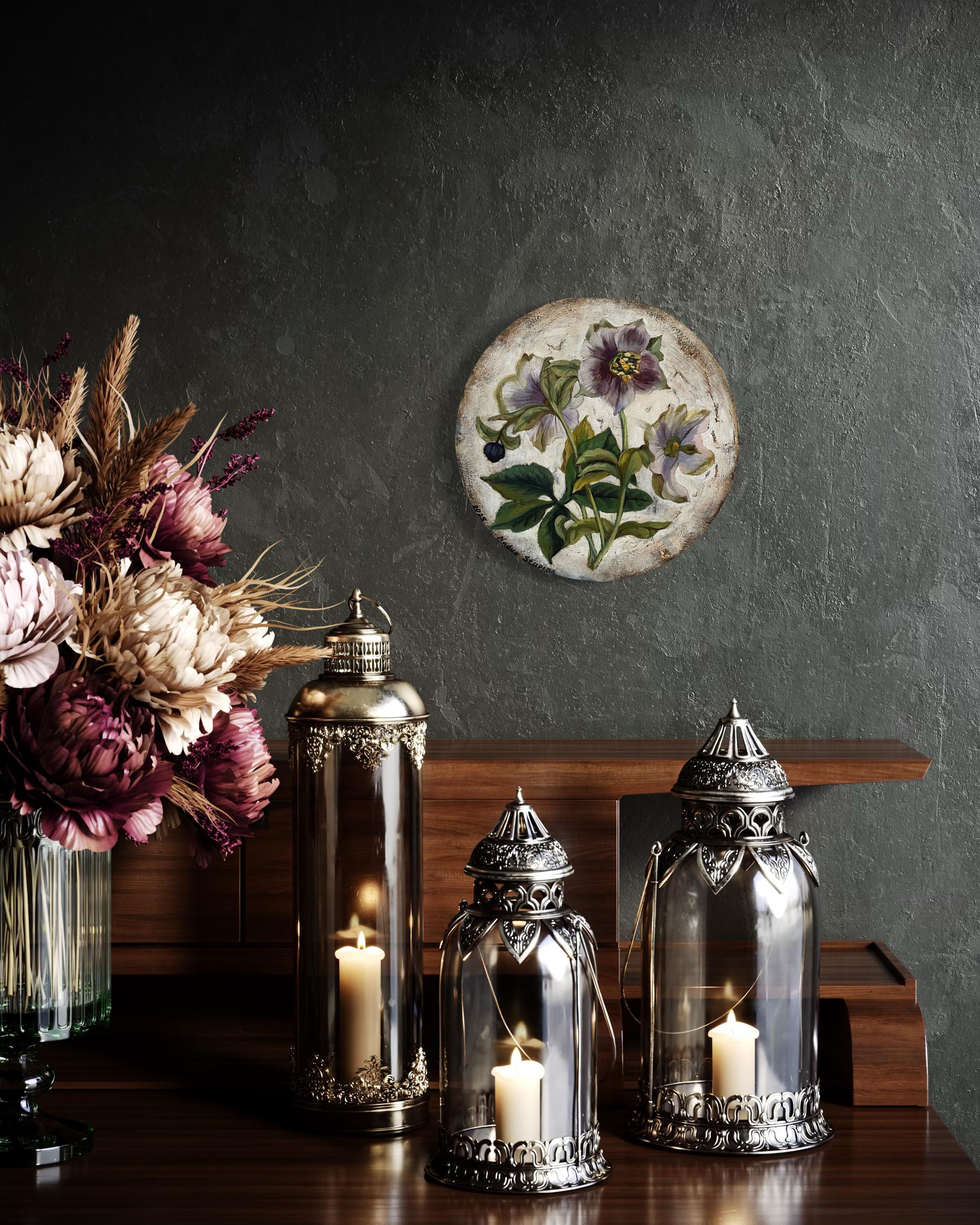 “Botany” Original botanical painting. Small size. Circular canvas. Gift. For Sale 8