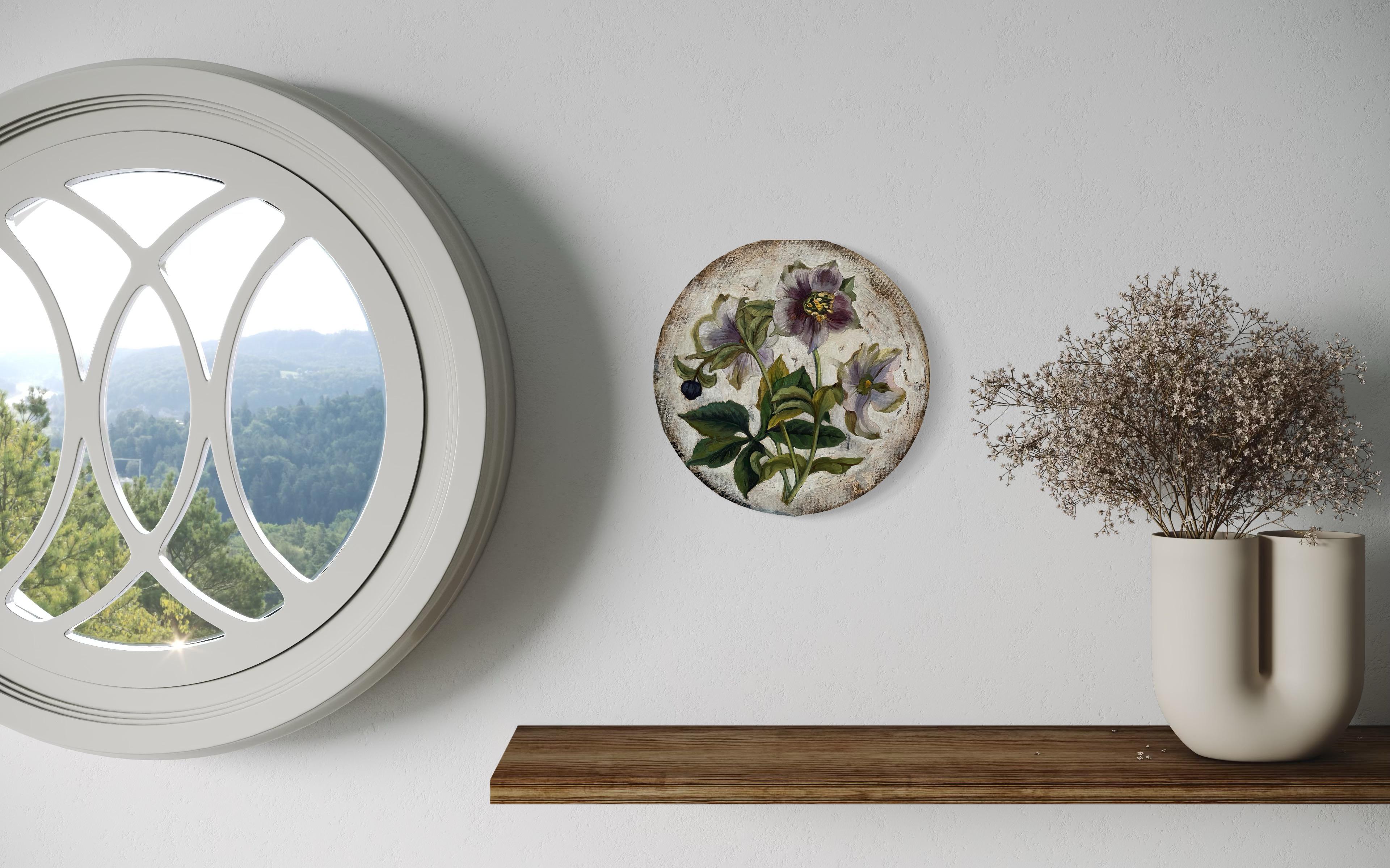 “Botany” Original botanical painting. Small size. Circular canvas. Gift. For Sale 9