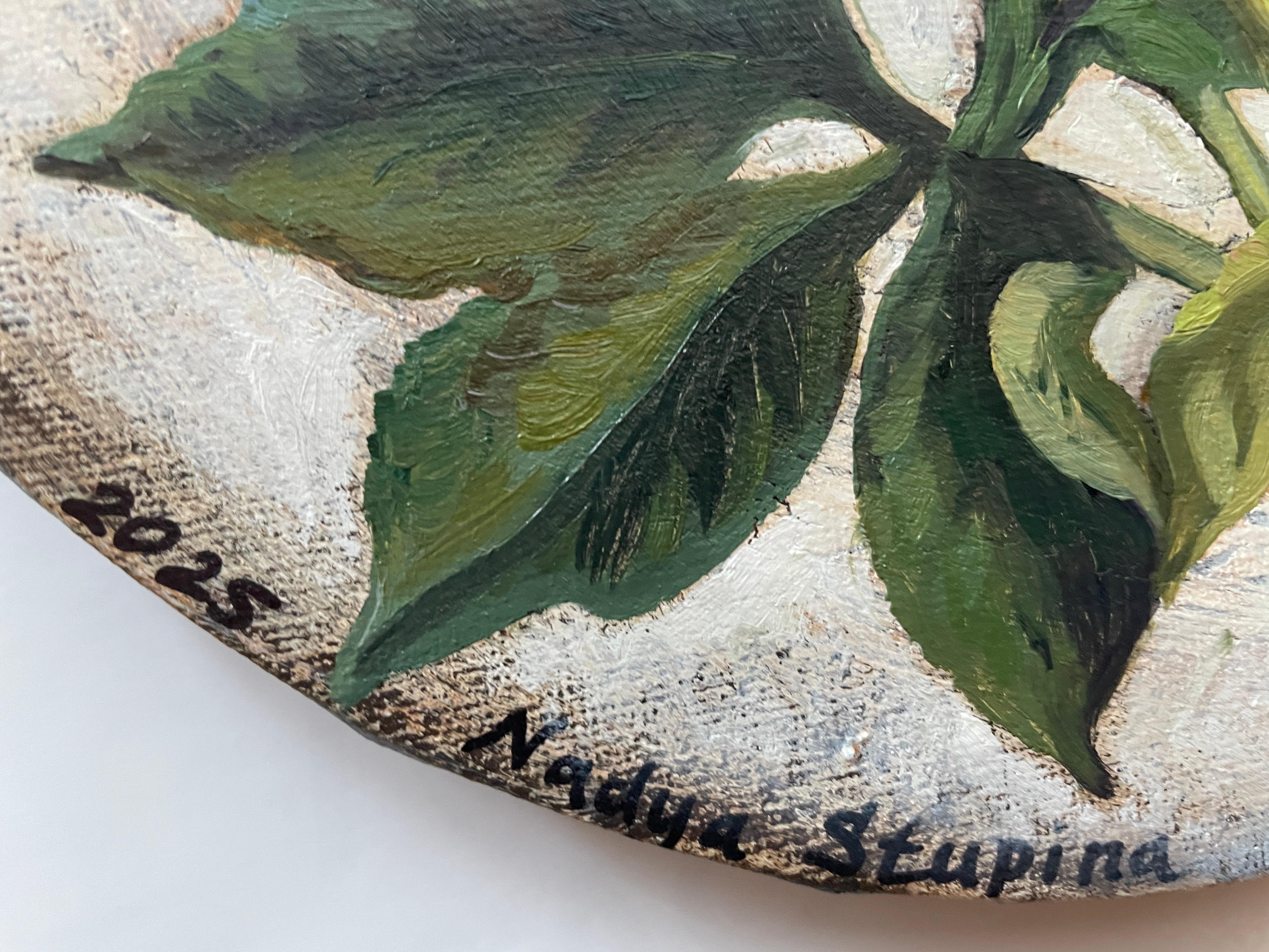 “Botany” Original botanical painting. Small size. Circular canvas. Gift. - Painting by Nadezda Stupina