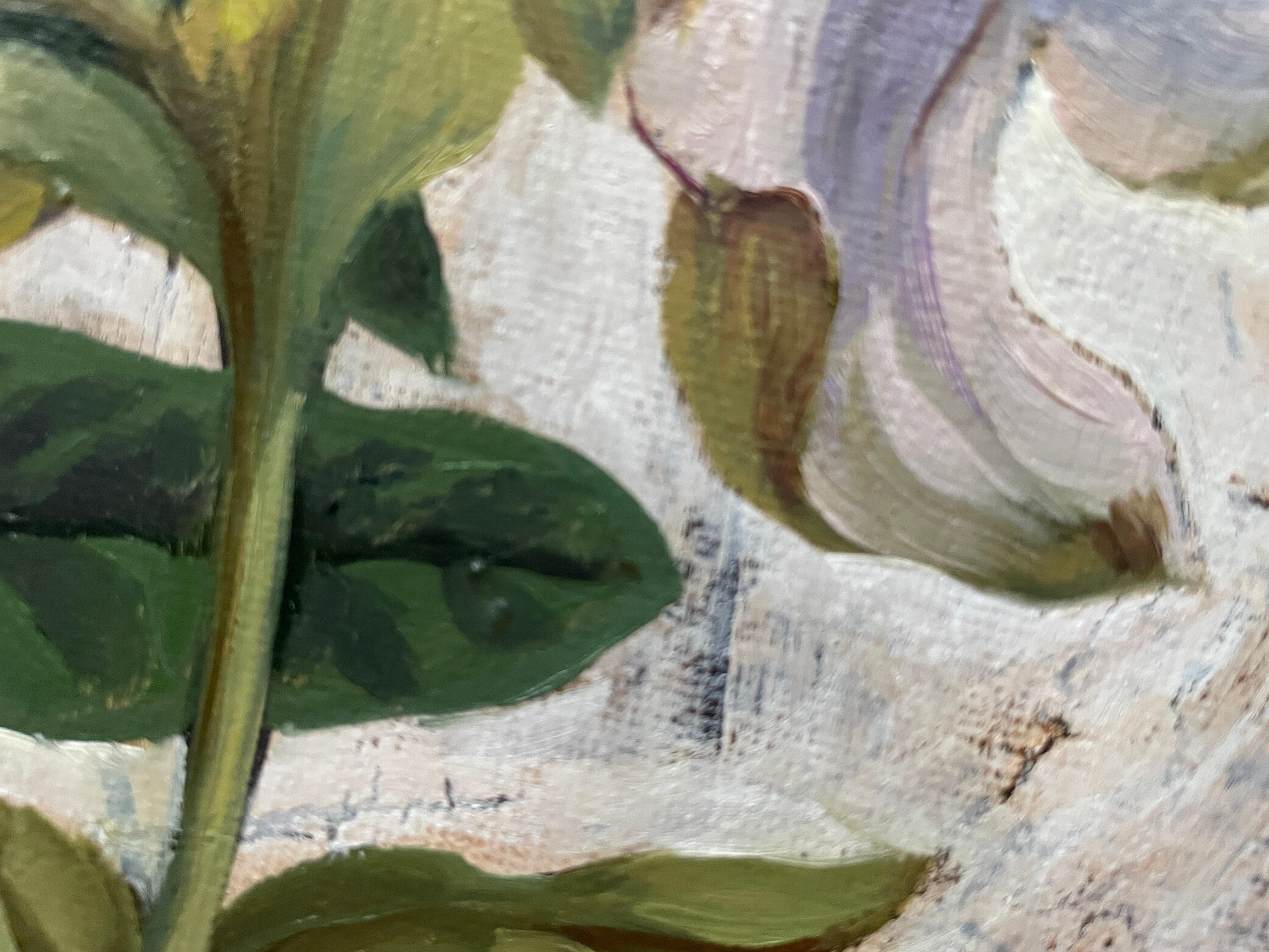 “Botany” Original botanical painting. Small size. Circular canvas. Gift. - Gray Still-Life Painting by Nadezda Stupina