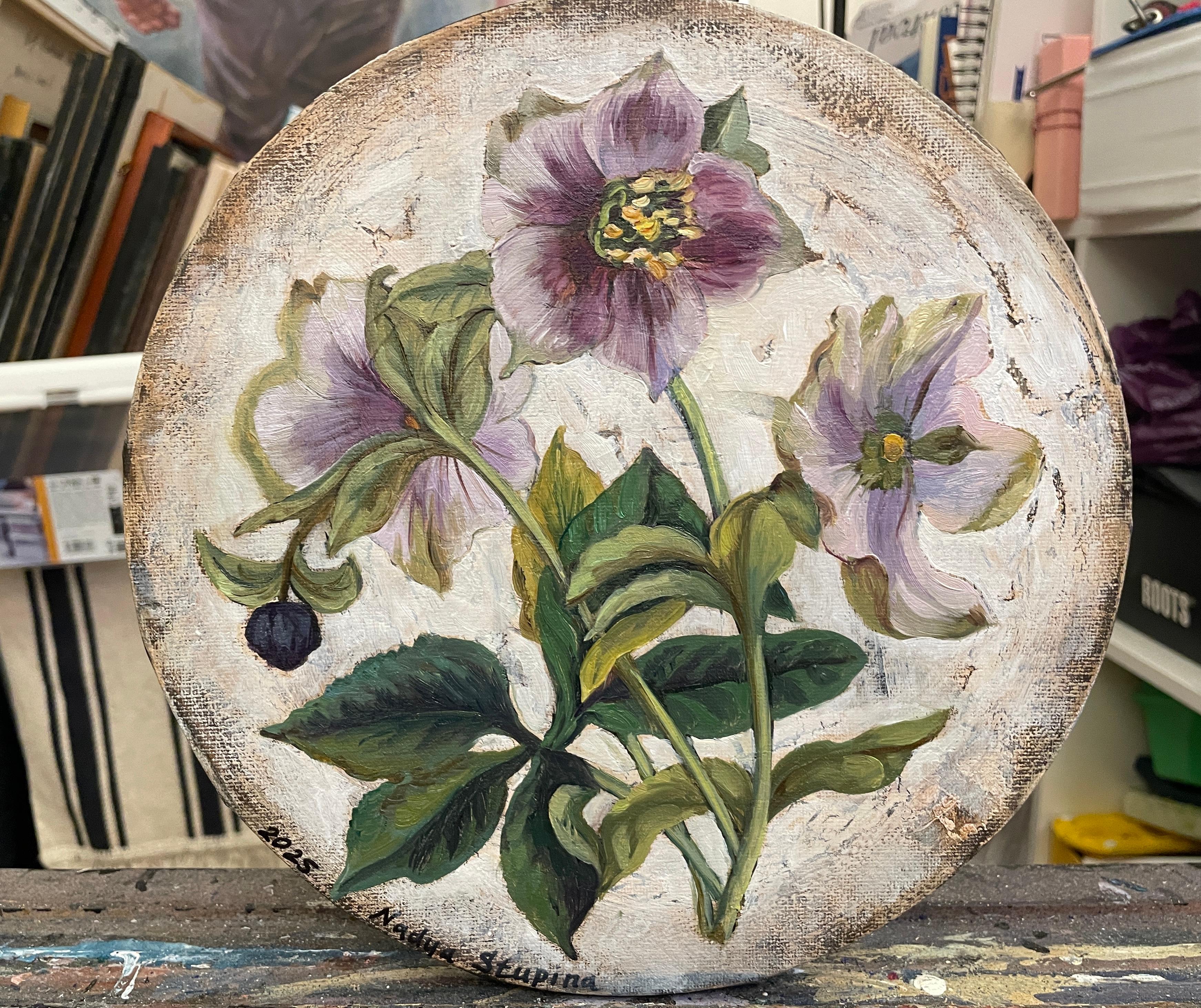 “Botany” Original botanical painting. Small size. Circular canvas. Gift. For Sale 1