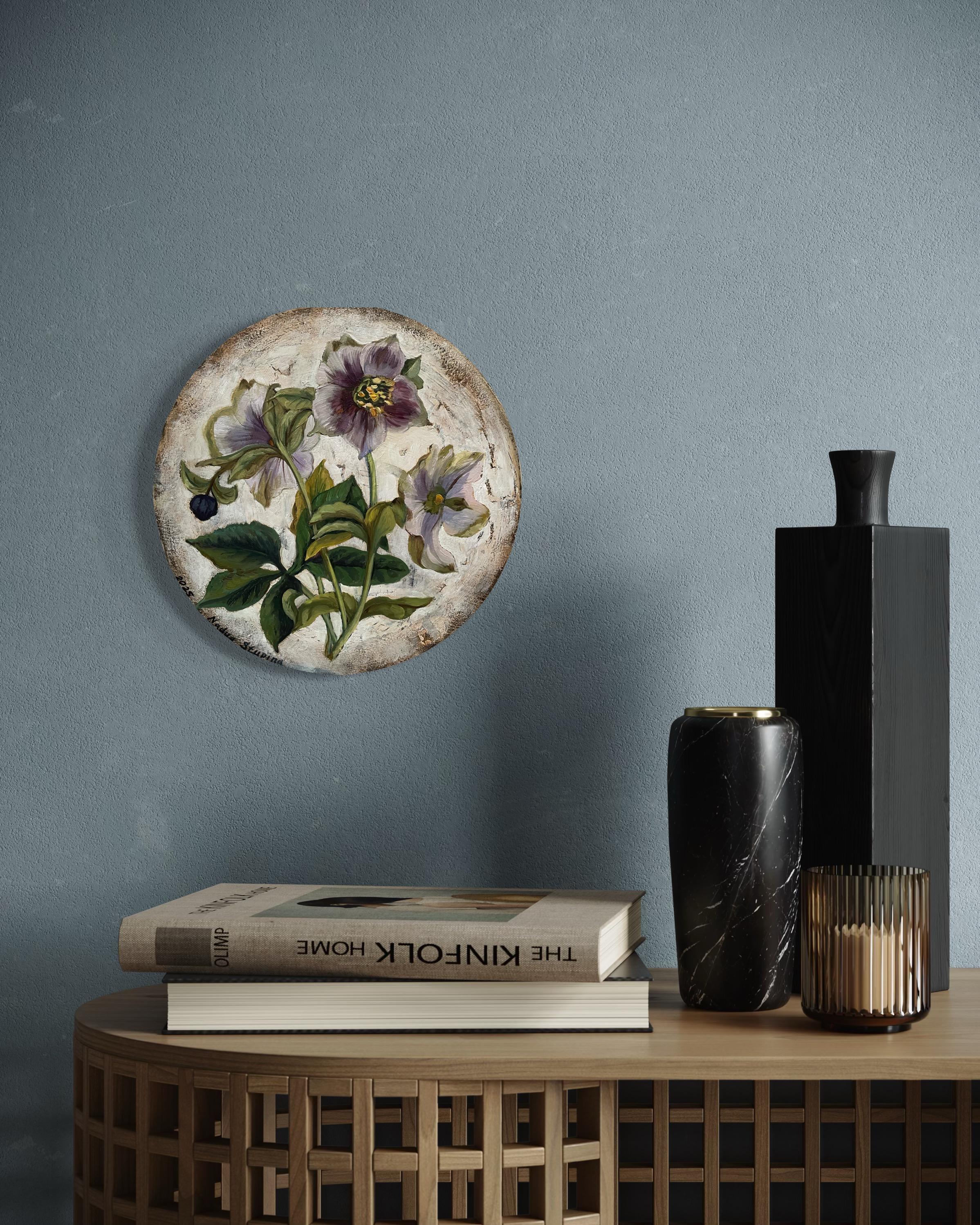 “Botany” Original botanical painting. Small size. Circular canvas. Gift. For Sale 3