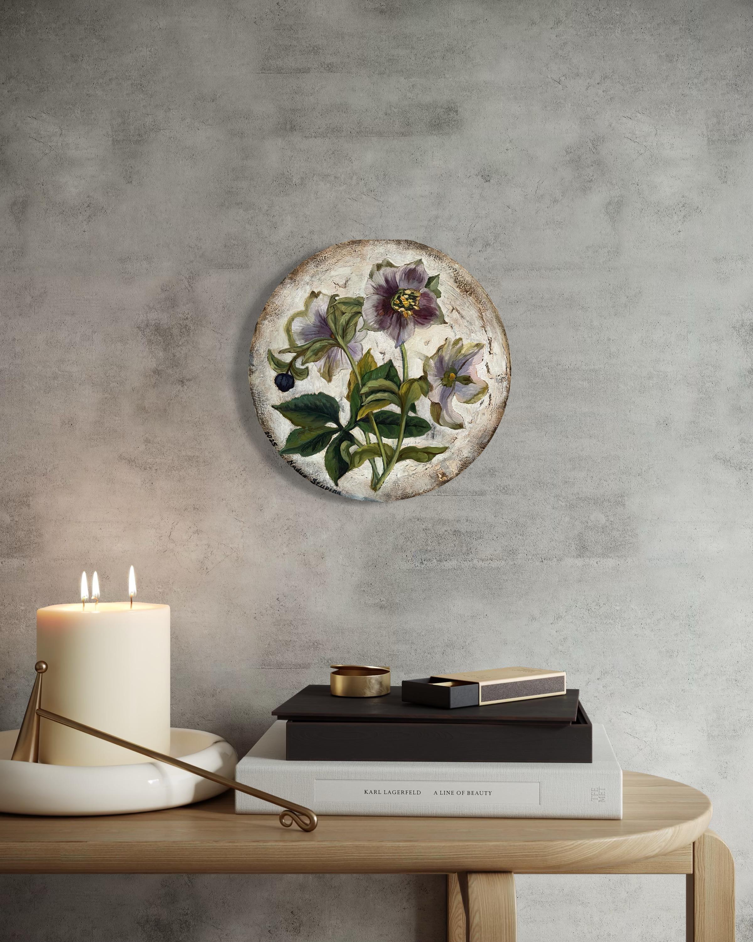 “Botany” Original botanical painting. Small size. Circular canvas. Gift. For Sale 4