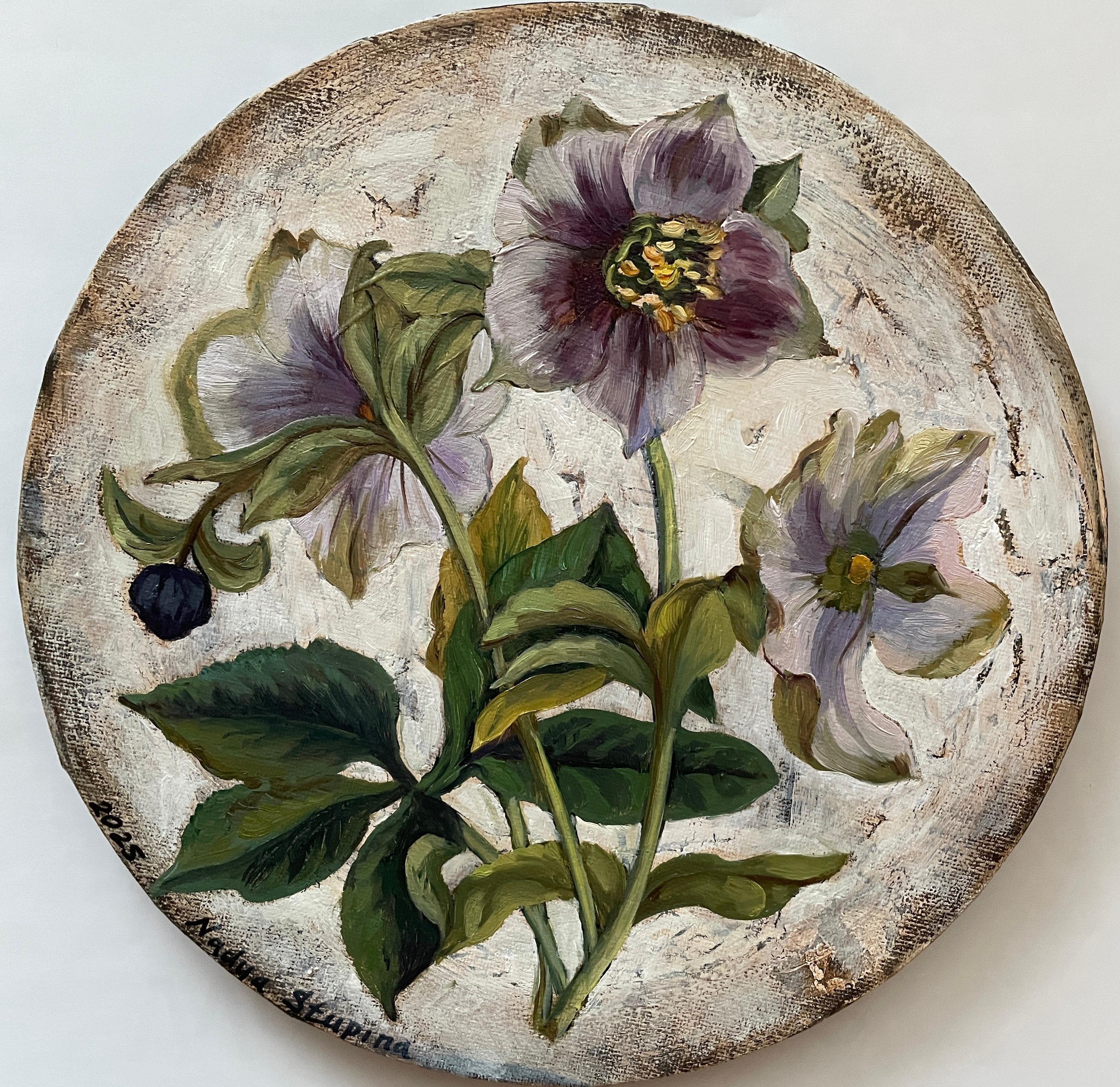 “Botany” Original botanical painting. Small size. Circular canvas. Gift.