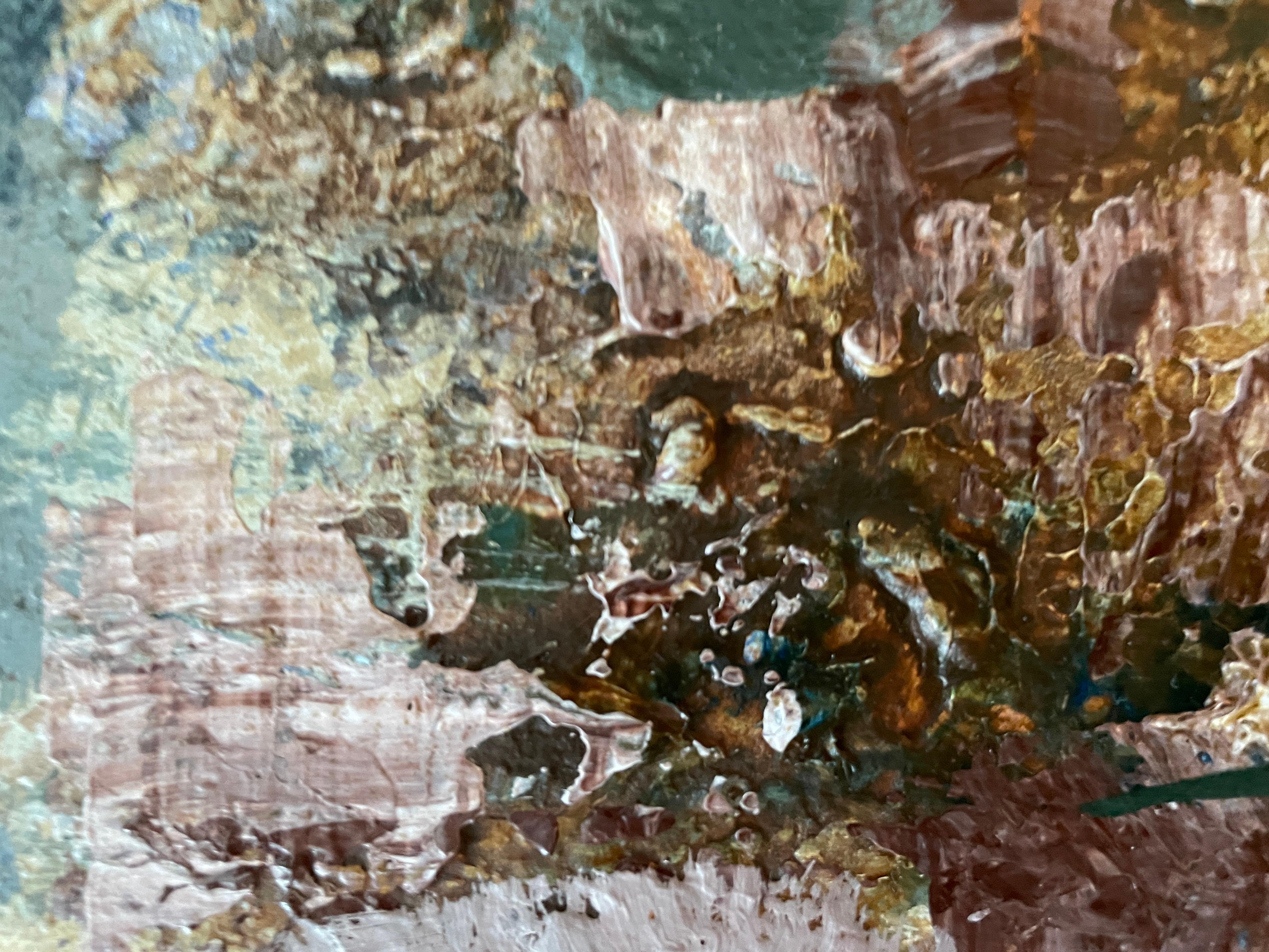 This artwork is a riveting exploration of texture and color, blending abstract forms with an earthy palette. The painting features layers of browns, blues, and grays, evocatively mimicking the natural wear of stone and earth. The deliberate use of