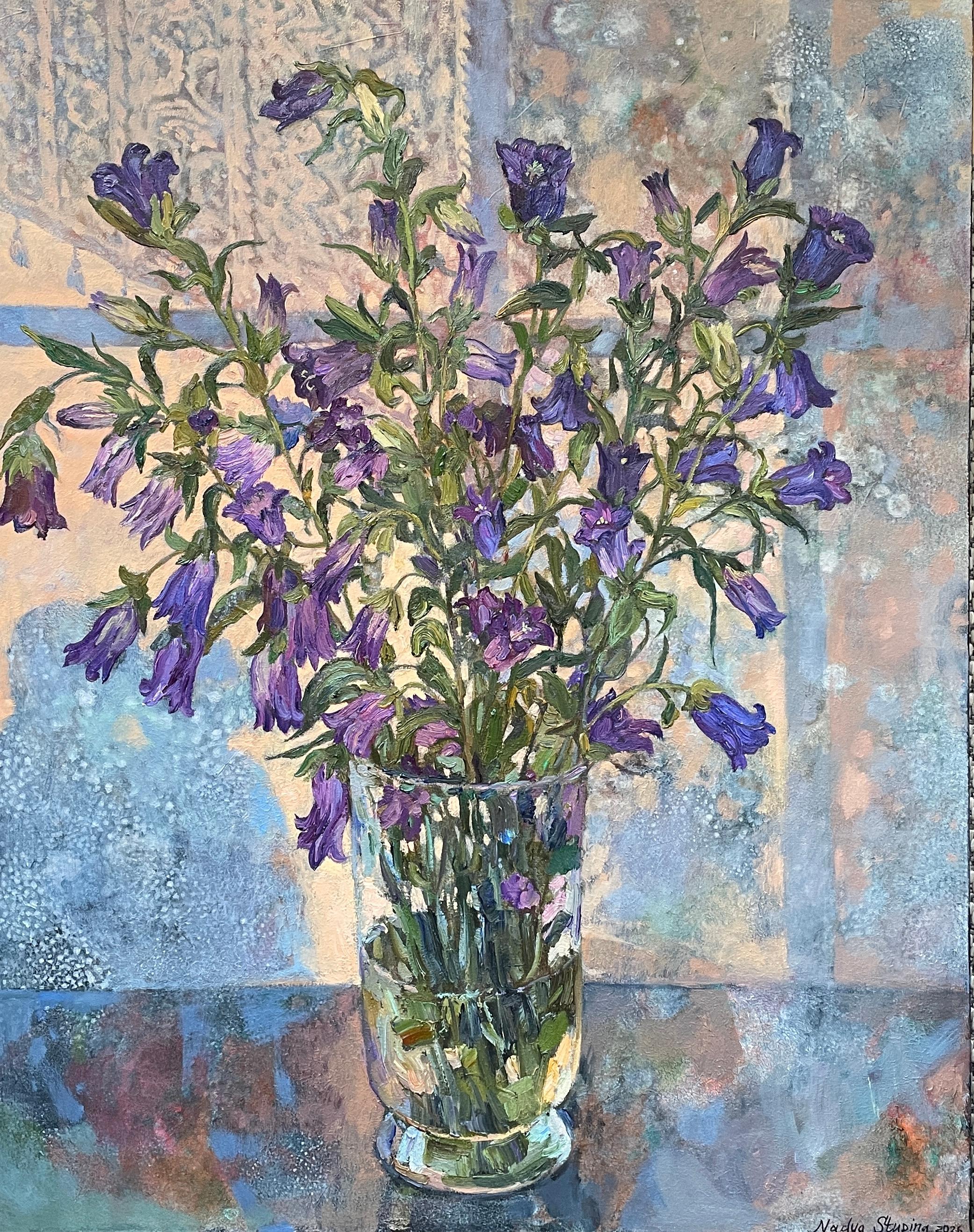 Bouquet of bellflowers. Original floral painting. Large vertical