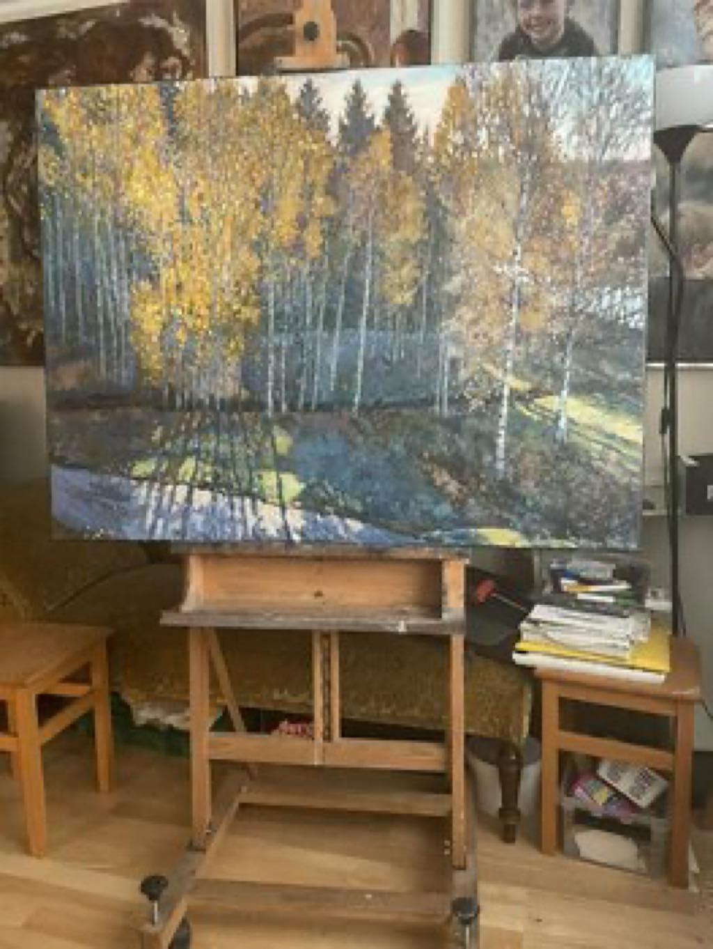 Respiro d'autunno .  Paesaggio di grandi dimensioni - Landscape Painting Grigio di Nadezda Stupina