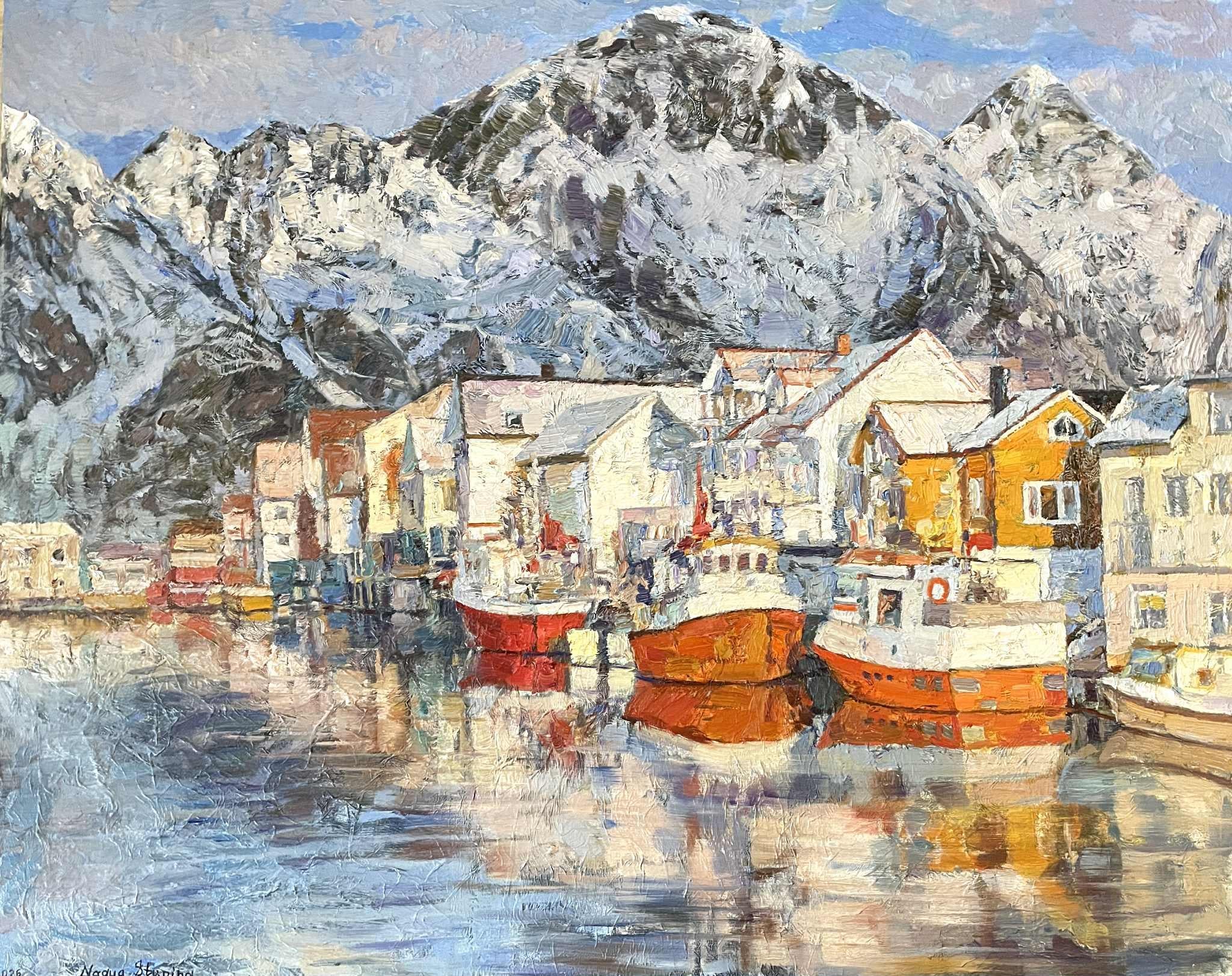 "Helle Henningsvær" Original impressionistische Landschaft. Großes Impasto-Gemälde