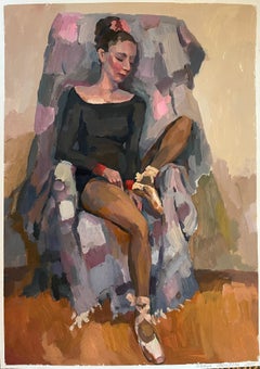 «Charlotte in the armchair» Original gouache painting. Vertical . Warm .