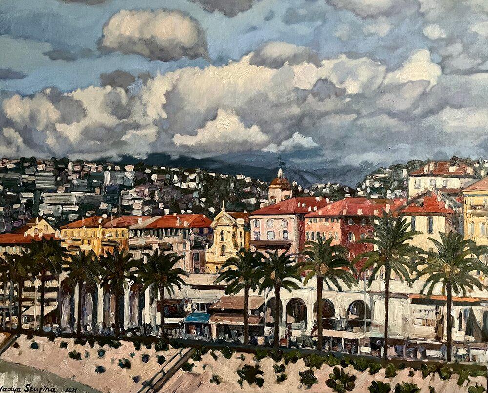 "Clouds  over Nice" Large original impressionistic landscape. Oil painting