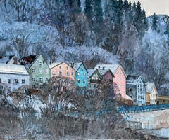 Nadezda Stupina - "Bunte Häuser am Fuße der Berge" Originelle Landschaft in Öl. "Bunte Häuser am Fuße der Berge" Originelle Landschaft in Öl.