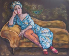 "Diva" Pintura figurativa original. Acrílico grande  sobre lienzo. Marrón , azul.