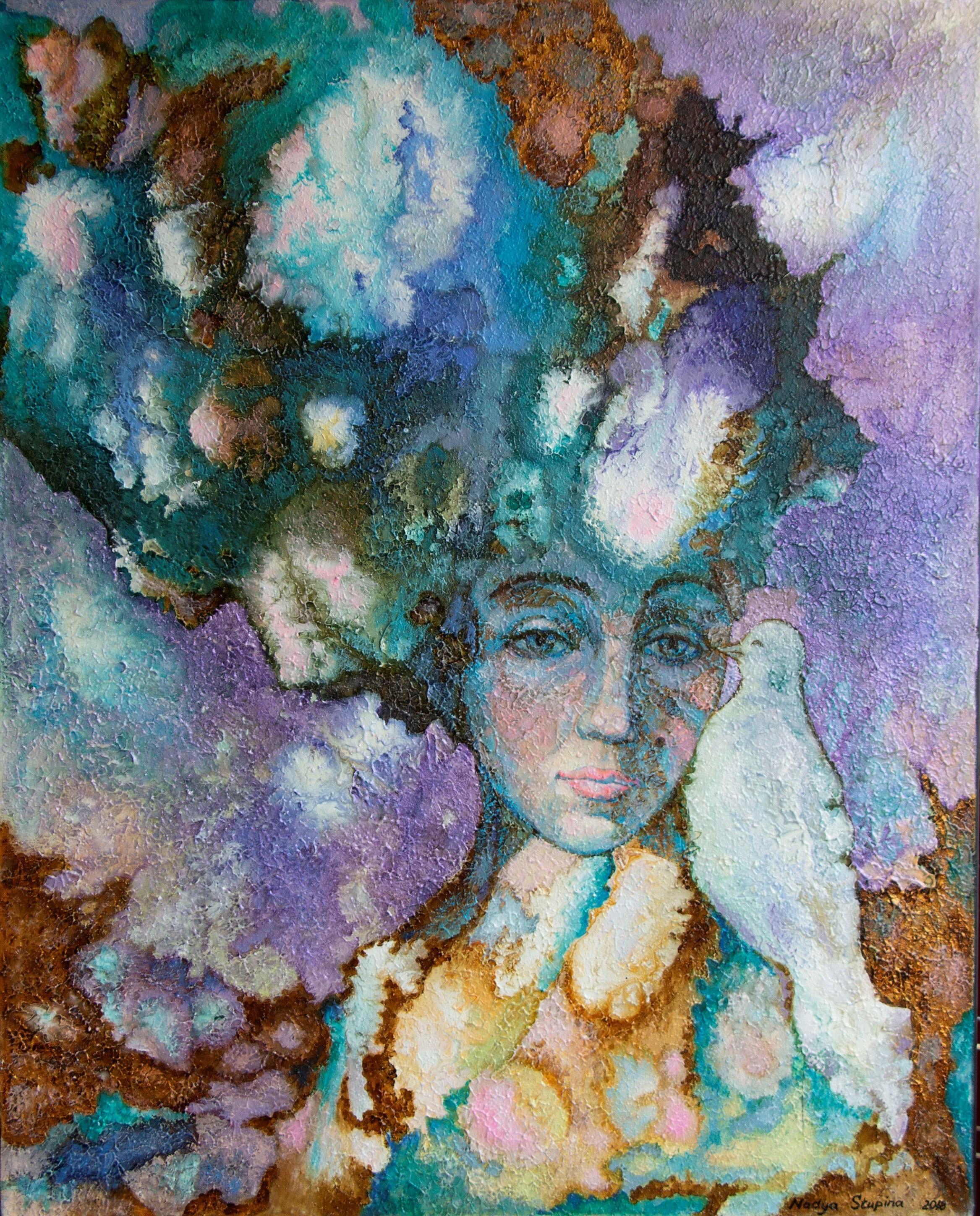 "Paloma" Pintura acrílica original semiabstracta. Grande . Vertical.