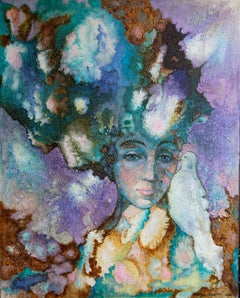 Originales halb-abstraktes Acrylgemälde „Dove“. Groß . Vertikal.