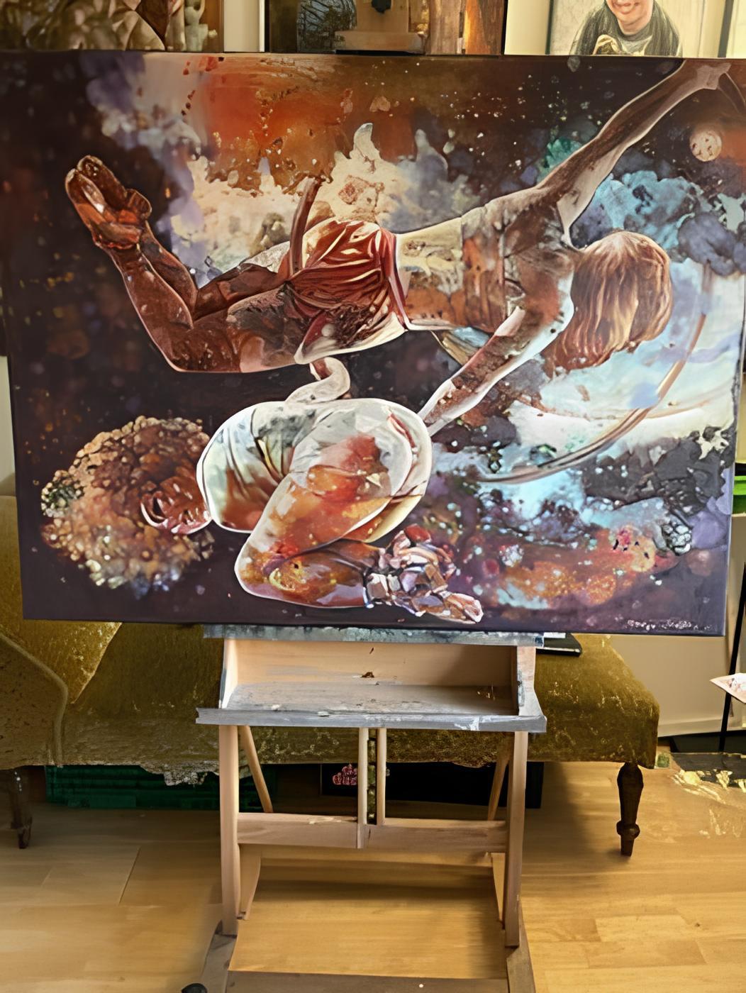 „Fearless acrobats“ Horizontal  X-großes Ölgemälde . Bildliche Darstellung (Zeitgenössisch), Painting, von Nadezda Stupina
